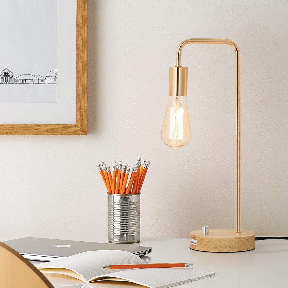 Haitral Industrial Desk Lamp with Metal Frame and Wooden Base (Gold, 15 in) vuqmf