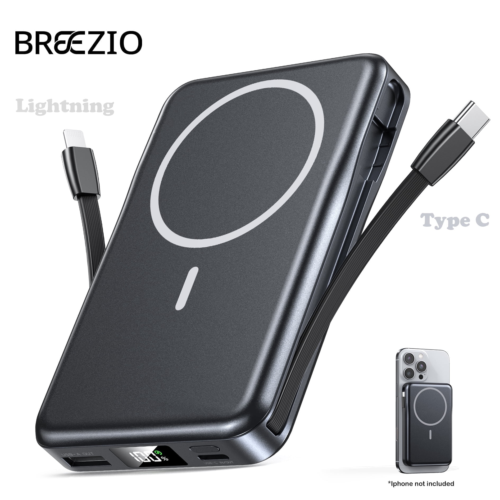 Breezio Magnetic Portable Charger (10000mAh, 20W Fast Charging, 5-in-1 Power Bank with Built-in Cable, Black) 2x8ce