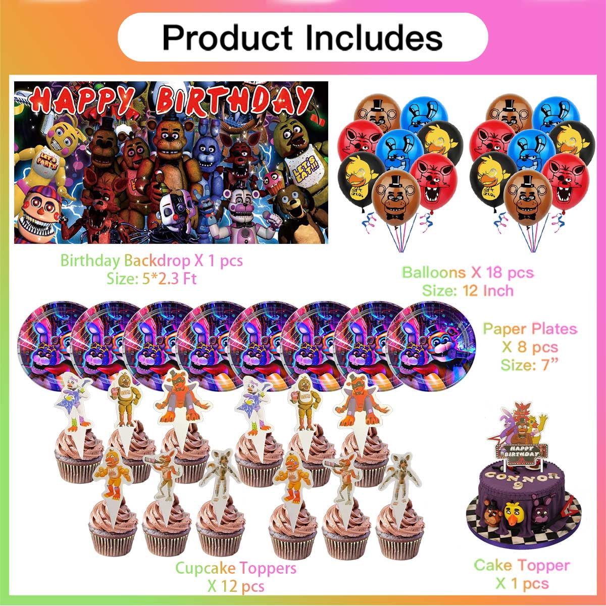 Jiaweribo Five Nights at Freddy's Birthday Party Supplies Set with Backdrop and Tableware (Multi-color, 1 Set) u0u91