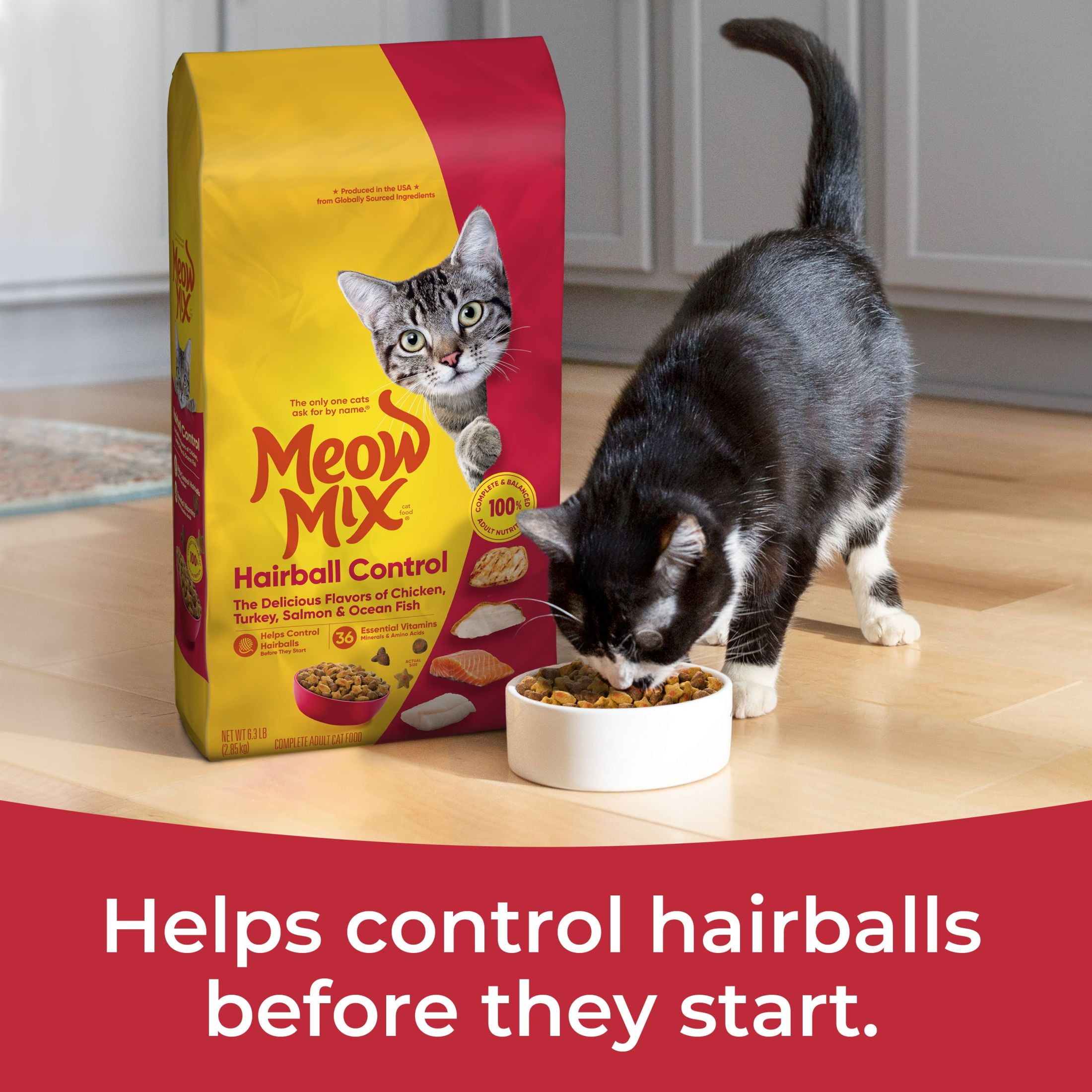 Meow Mix Hairball Control Dry Cat Food for Adult Cats (Chicken, Turkey, Salmon, Ocean Fish, 6.3 lb) vq7wf