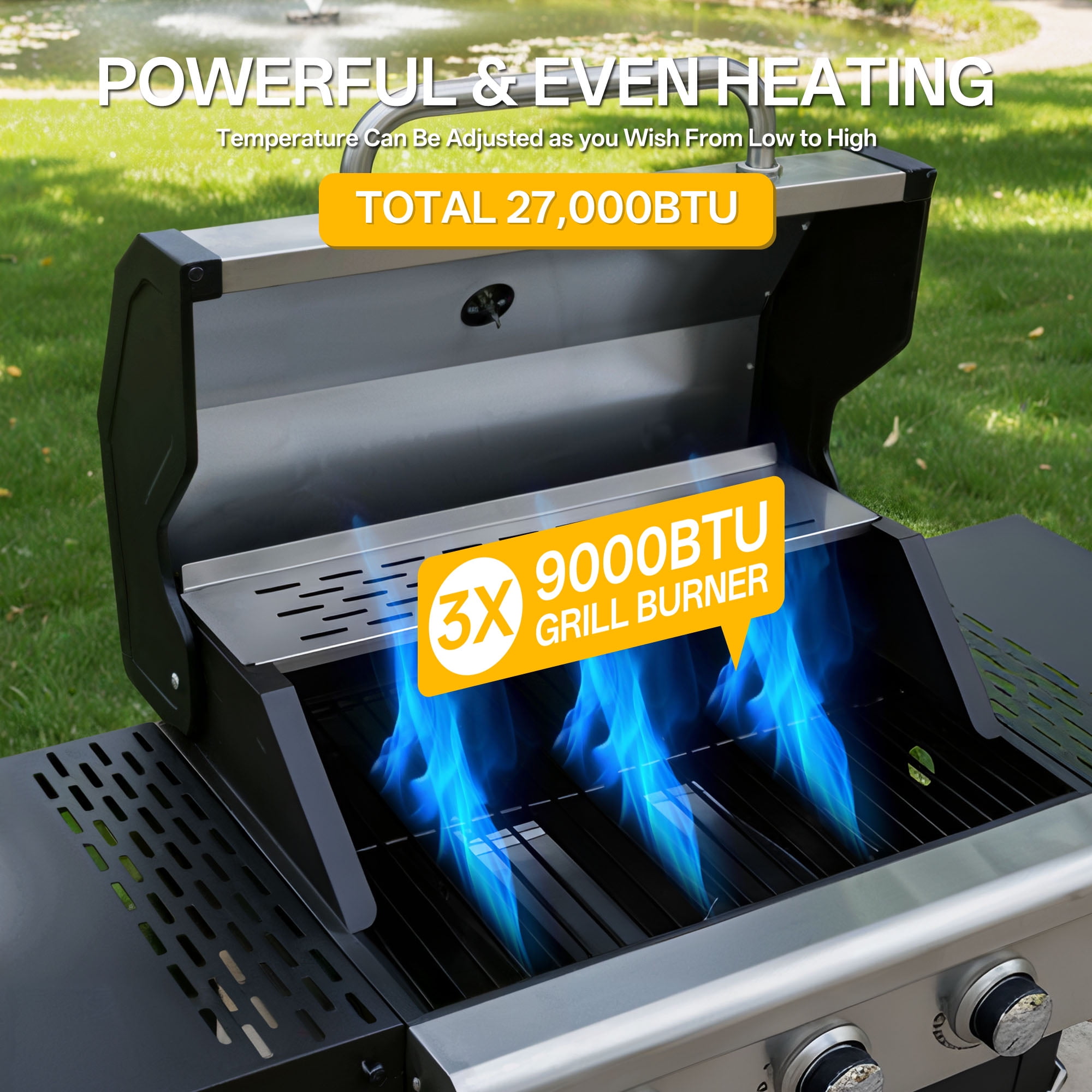 YIORTWO 3 Burner Propane Gas Grill with Cover, Outdoor BBQ with Stainless Steel Lid and Storage Cabinet (Black, 27,000 BTU) 60l9b