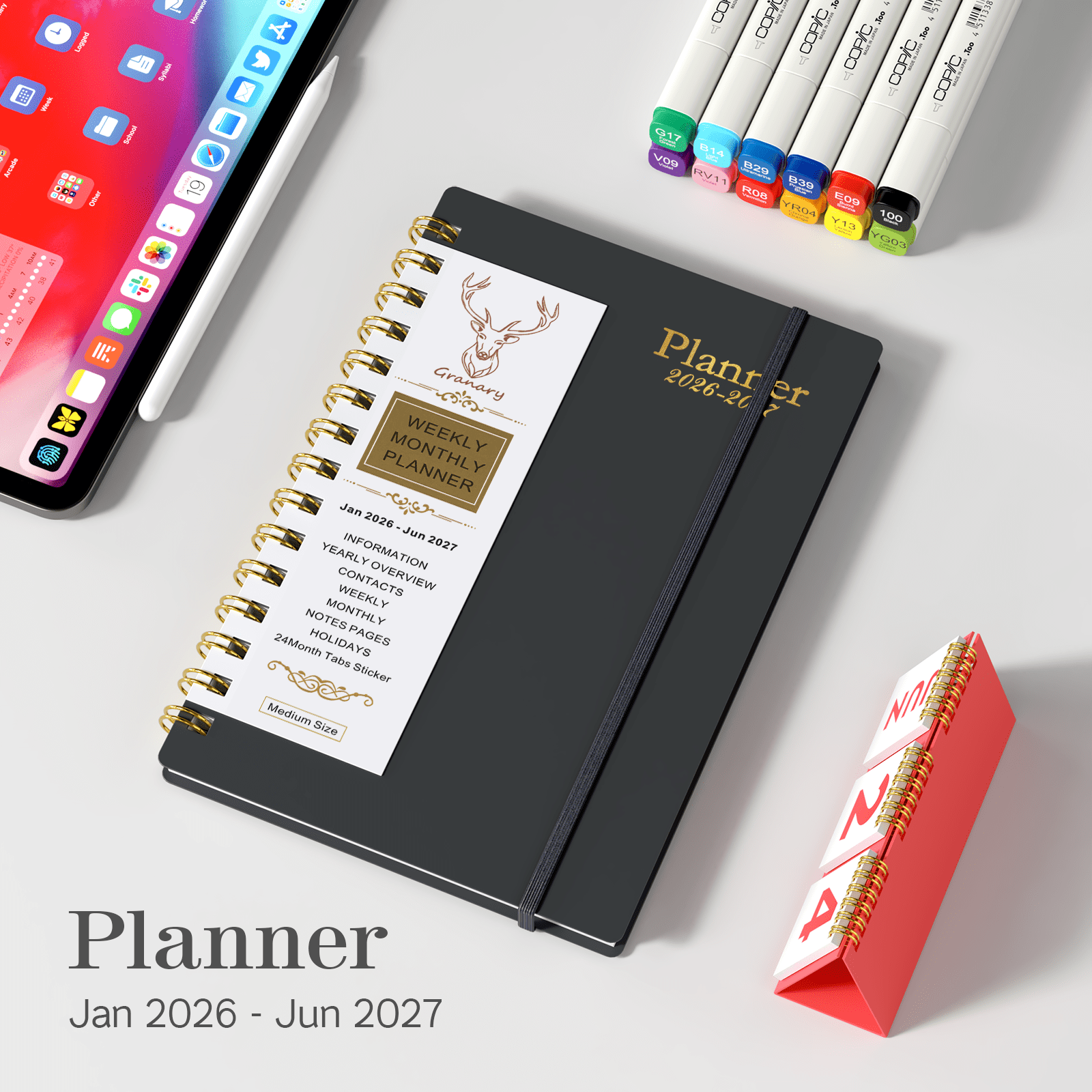 DoDoMagxanadu Academic Planner 2026-2027, Weekly & Monthly Schedule Organizer with Tabs (Black, 5.6 in x 8.2 in) 24mv9