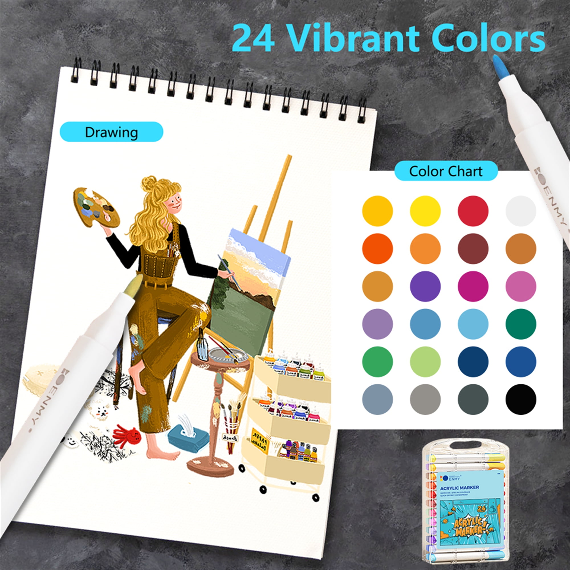 BUSATIA Acrylic Paint Markers Set, Quick-Dry Water-Based Pens for Rock, Wood, Canvas, and Ceramic Art (24 Colors, 2mm Tip) e5ffg