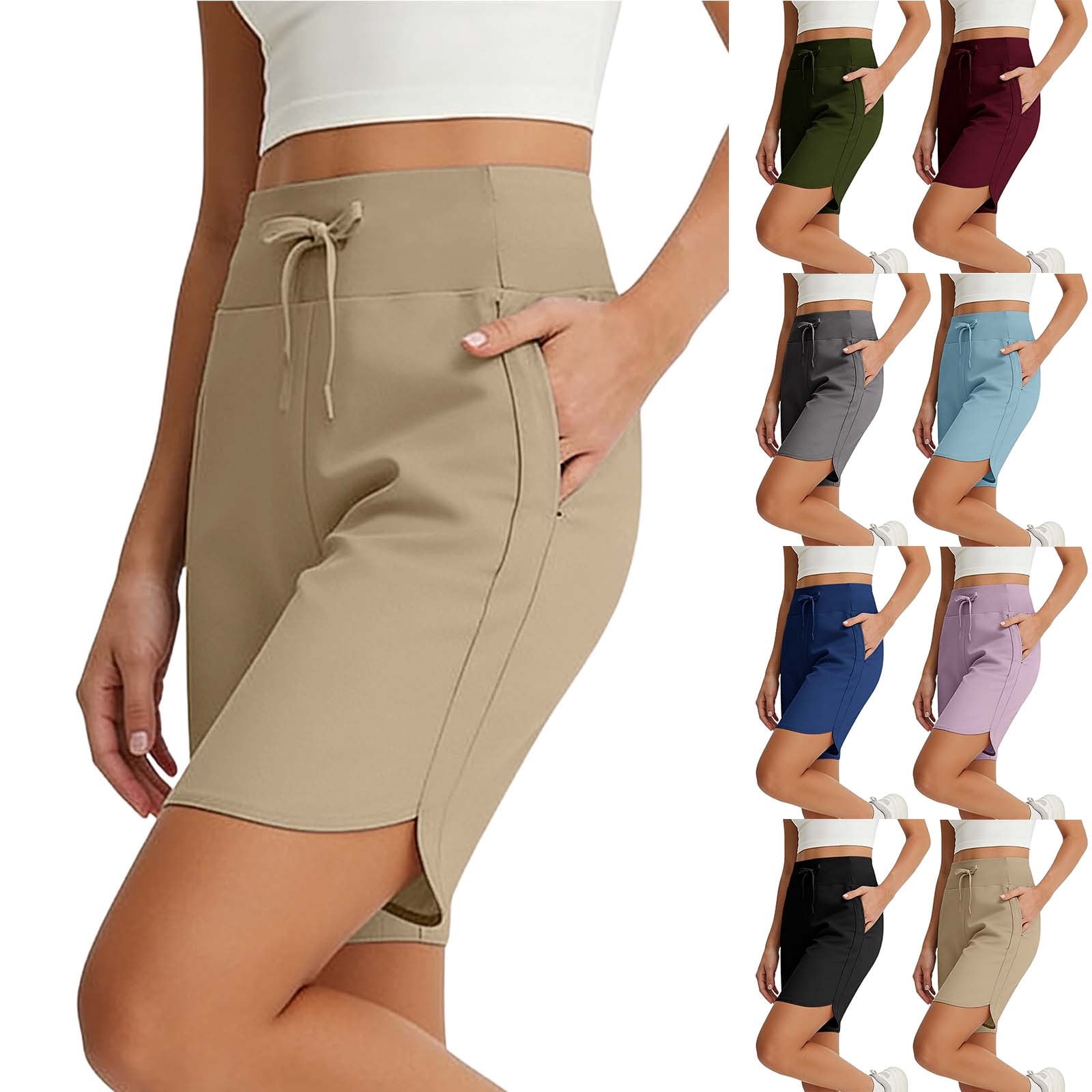 oelaio Women's Bermuda Shorts with Pockets Knee Length Stretch Drawstring Casual Walking Shorts (Blue, L) 6zvdd