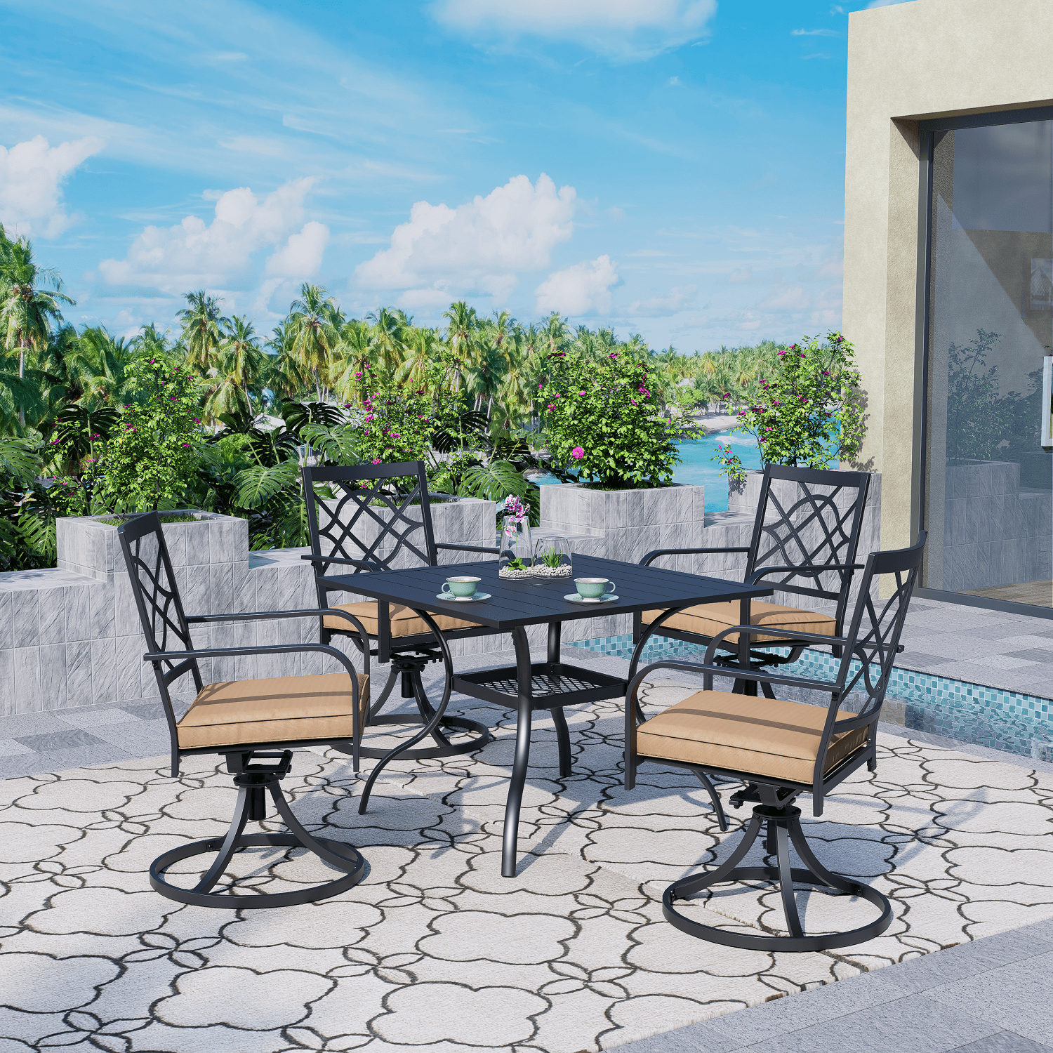 Suncrown 5-Piece Outdoor Patio Metal Dining Set with Swivel Chairs and Table (Brown Cushions, 37 in Table) 7hquh