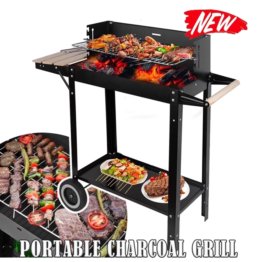 Linsen-outdoors Stainless Steel Charcoal Grill with Wheels, Portable Outdoor BBQ Grill for Backyard and Patio (Black, 30 in x 18 in) hktfj