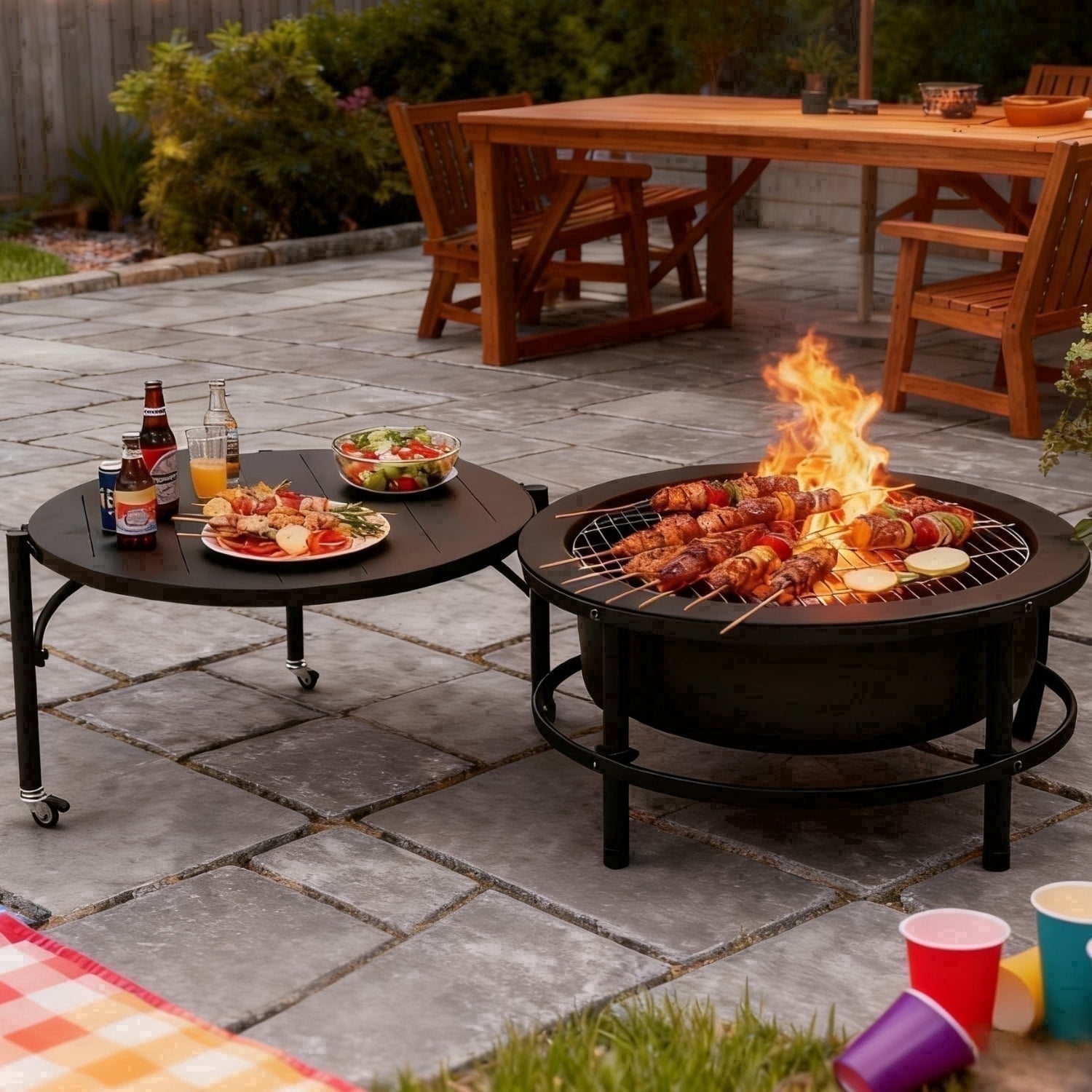 VAJIAZA Foldable Outdoor Fire Pit Table, Heavy-Duty Cold-Rolled Steel BBQ Grill with Accessories (Black, 52 in) yd8wc