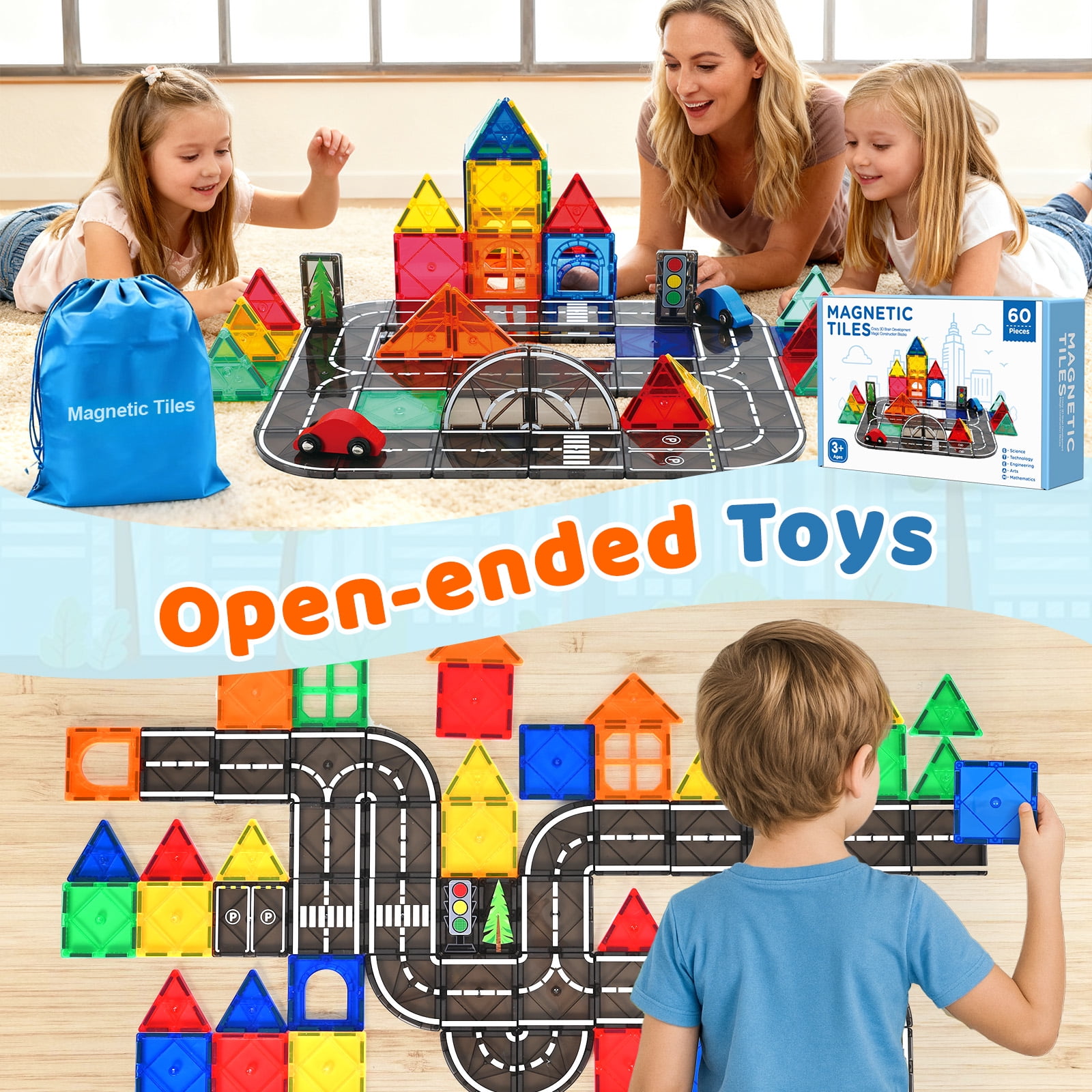 FunMagic Magnetic Tiles Road Set, STEM Building Blocks with 2 Cars, Creative City Construction Toy (Black, 60 Pieces) l1m5x