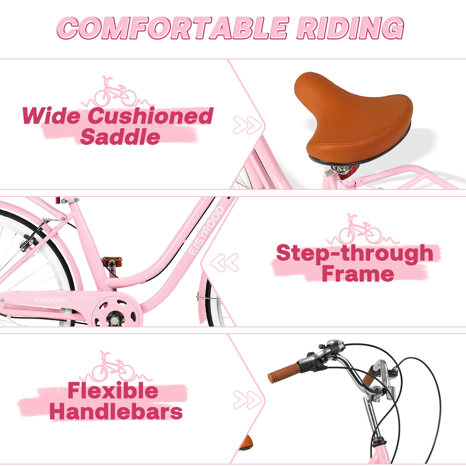 Gaonala 26 Inch Beach Cruiser Bike for Women, Comfort Saddle with Basket (Pink, 26 in) m80j2