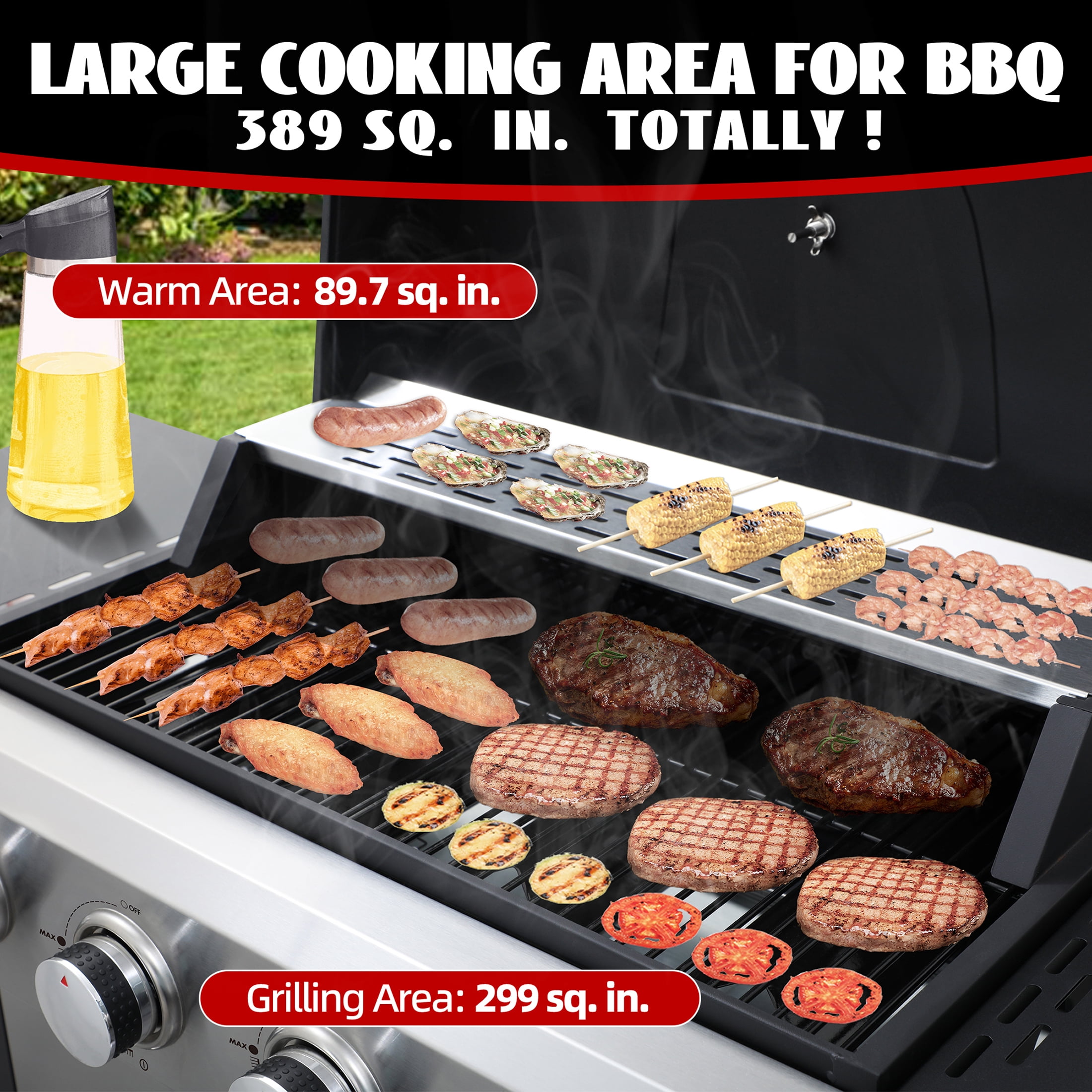 Nice Coker 4-Burner Propane Gas Grill, Outdoor BBQ Station with Stainless Steel Control Panel and Temperature Gauge (34,200 BTU) axy6y