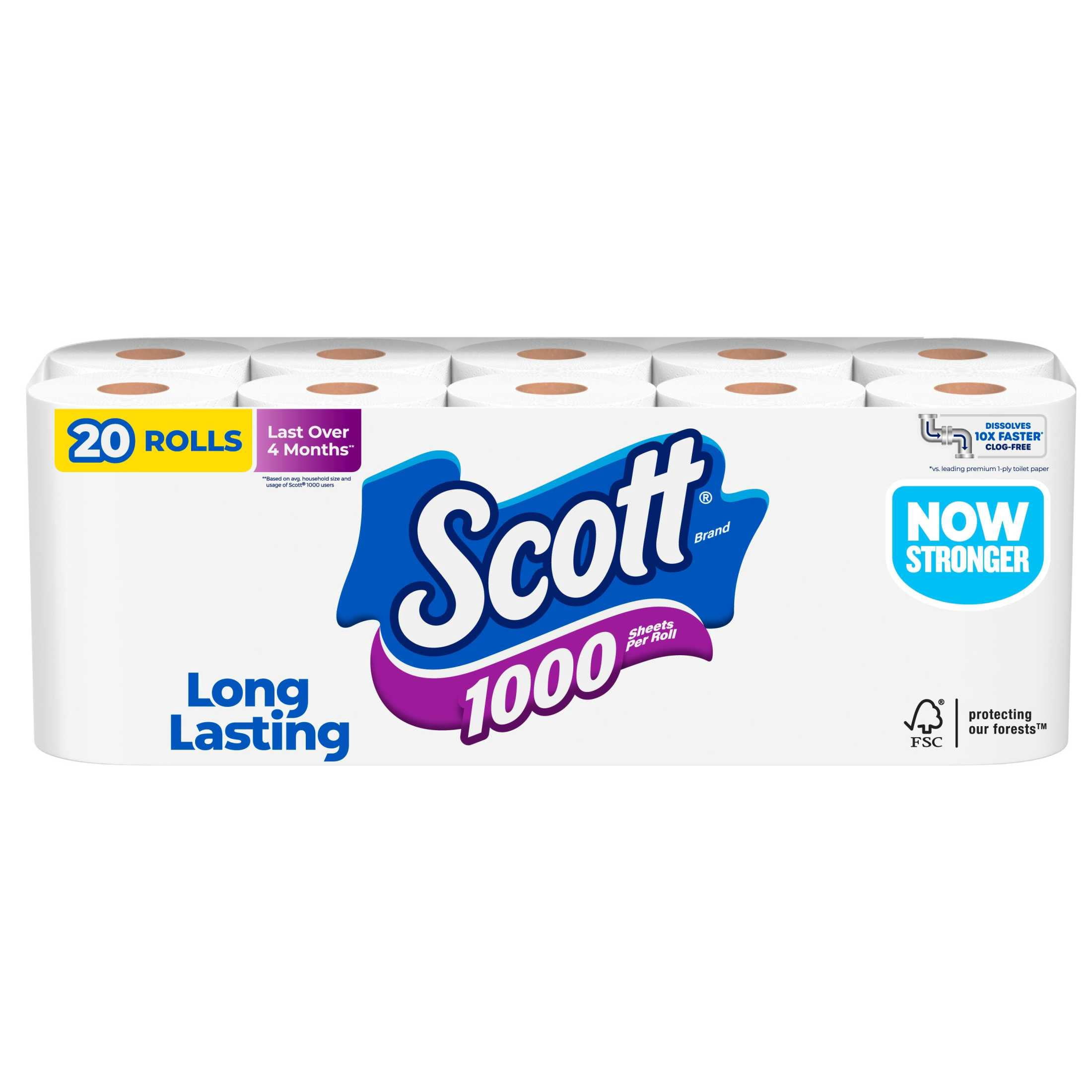 Scott 1000 Toilet Paper, Long-Lasting 1-Ply Bath Tissue (White, 20 Rolls) pmaf0