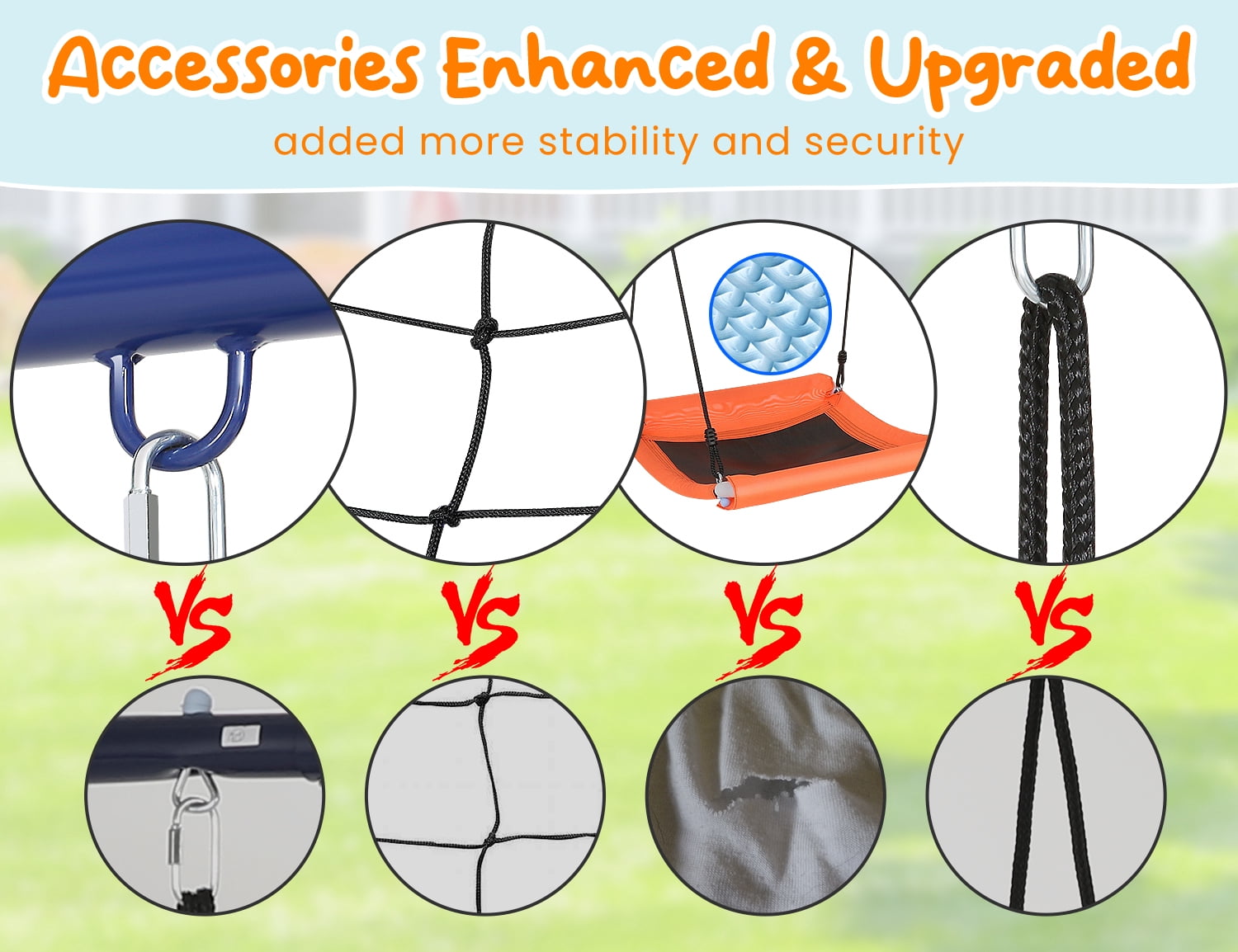VIBESPARK 6-in-1 Outdoor Metal Swing Set for Backyard with 3 Swings, Climbing Net, Ladder, and Basketball Hoop (Orange, 151.6 in x 71 in x 72.8 in) hwz7i