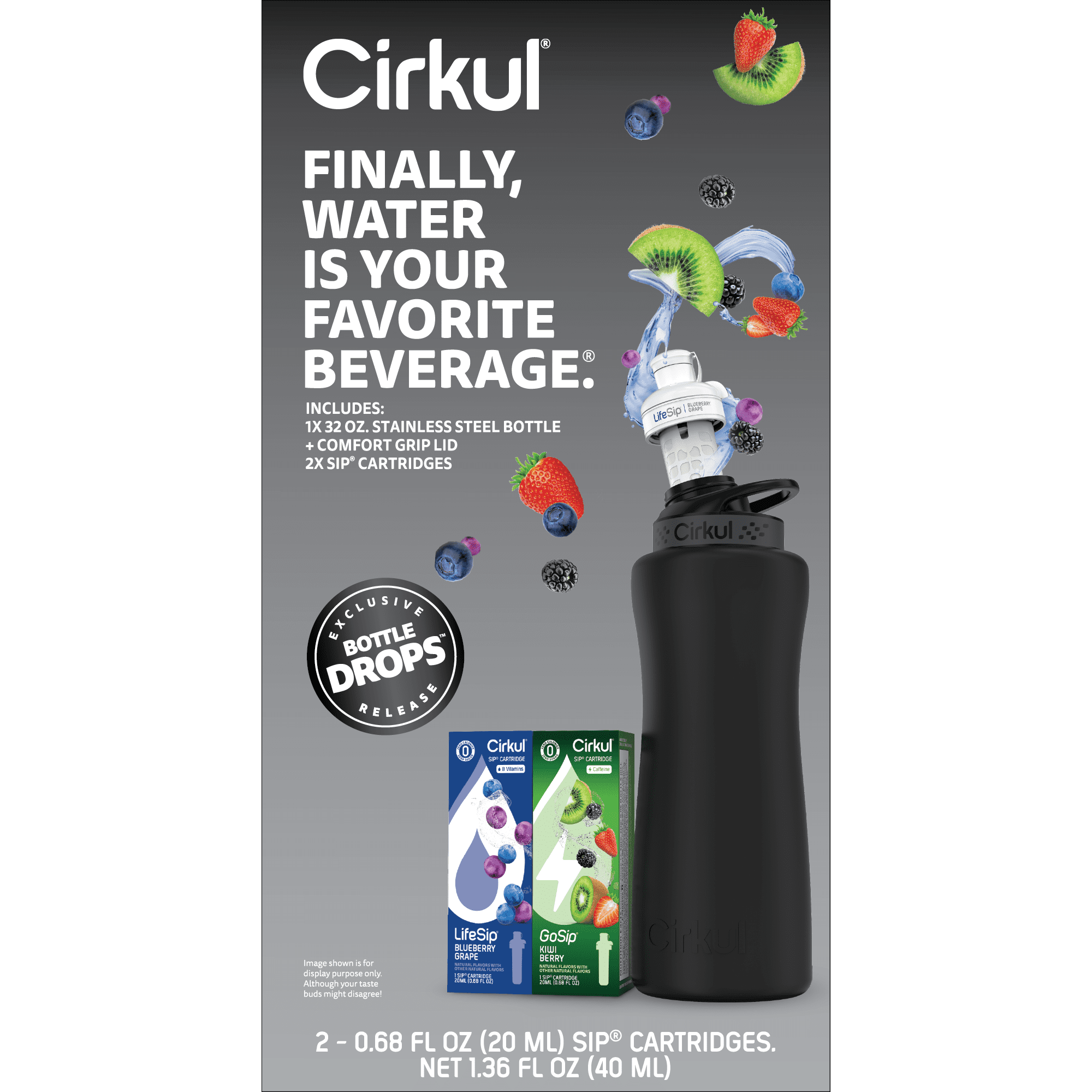 Cirkul Stainless Steel Water System Starter Kit with Flavor Dial and 2 Cartridges (Matte Black, 32 oz) wuczt