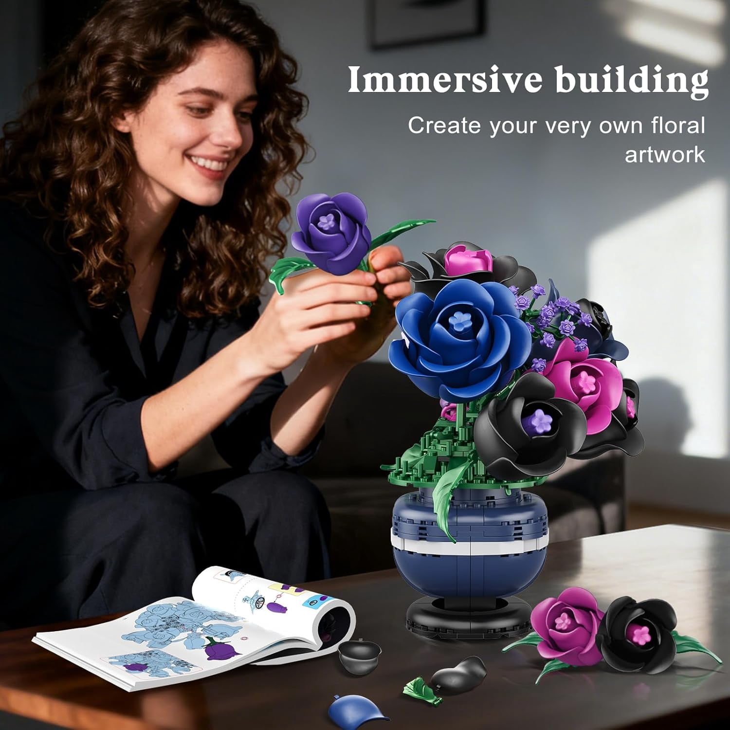 TERRAMUS Purple Rose Bouquet Building Set, Floral Construction Blocks for Home Decor (507 Pieces) 040r7
