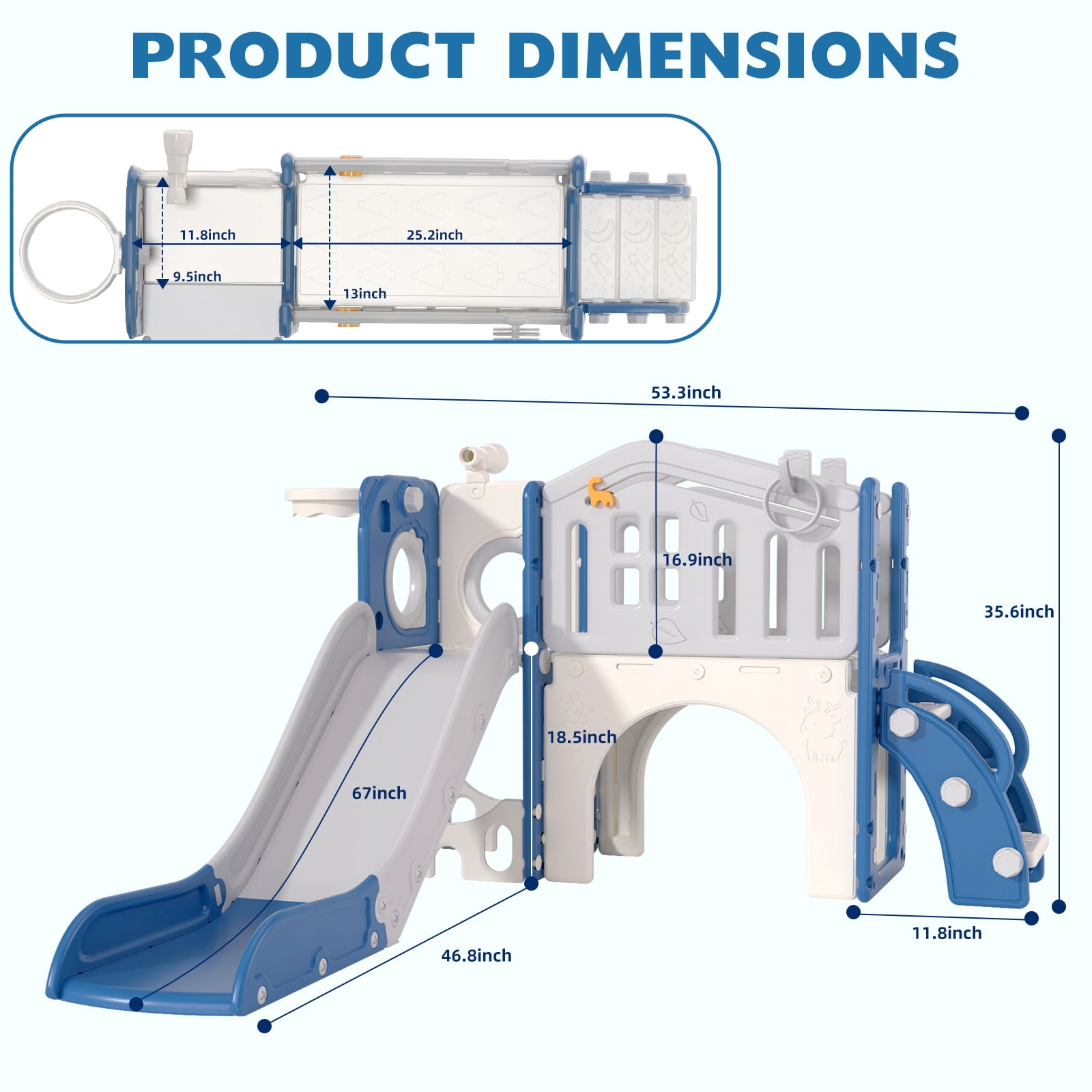 XJD 10-in-1 Toddler Slide and Activity Playset, Indoor and Outdoor Playground with Basketball Hoop and Climbing Zone (Blue and Gray) 125sk