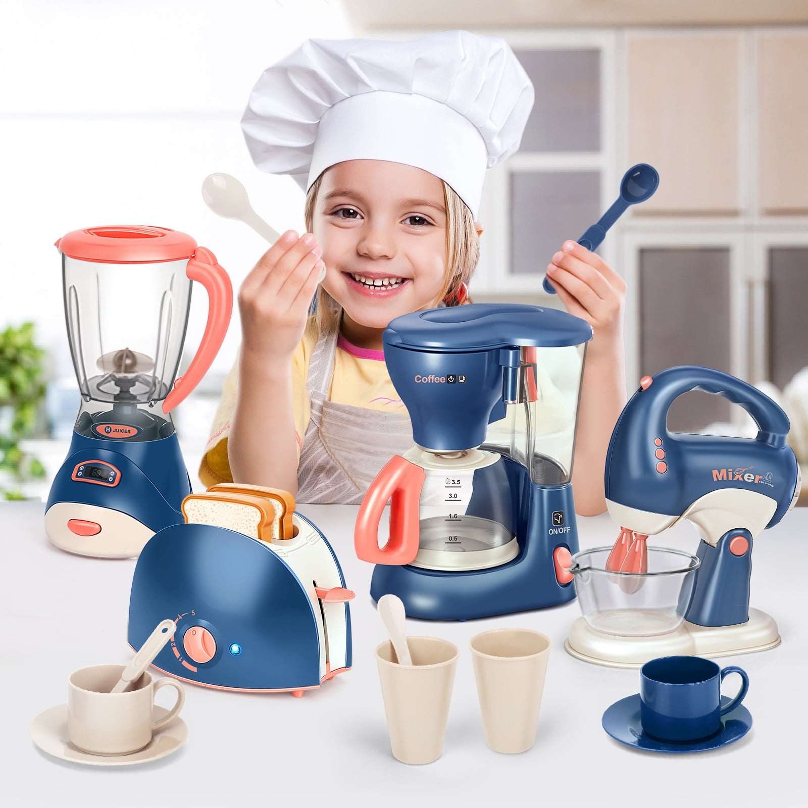 Jumplanma Realistic Kitchen Appliance Play Set with Lights and Sounds (Blue, 4-Piece Set) 7rwl3