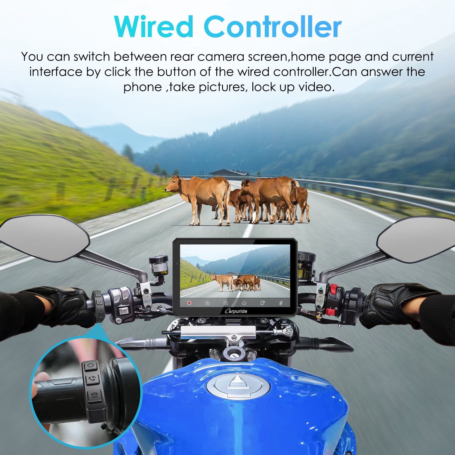 Carpuride Motorcycle Dash Cam with Wireless Apple CarPlay and Android Auto, 7 in HD Touch Screen, Dual 1080P Front and Rear Cameras (Black, 7 in) fs3sm