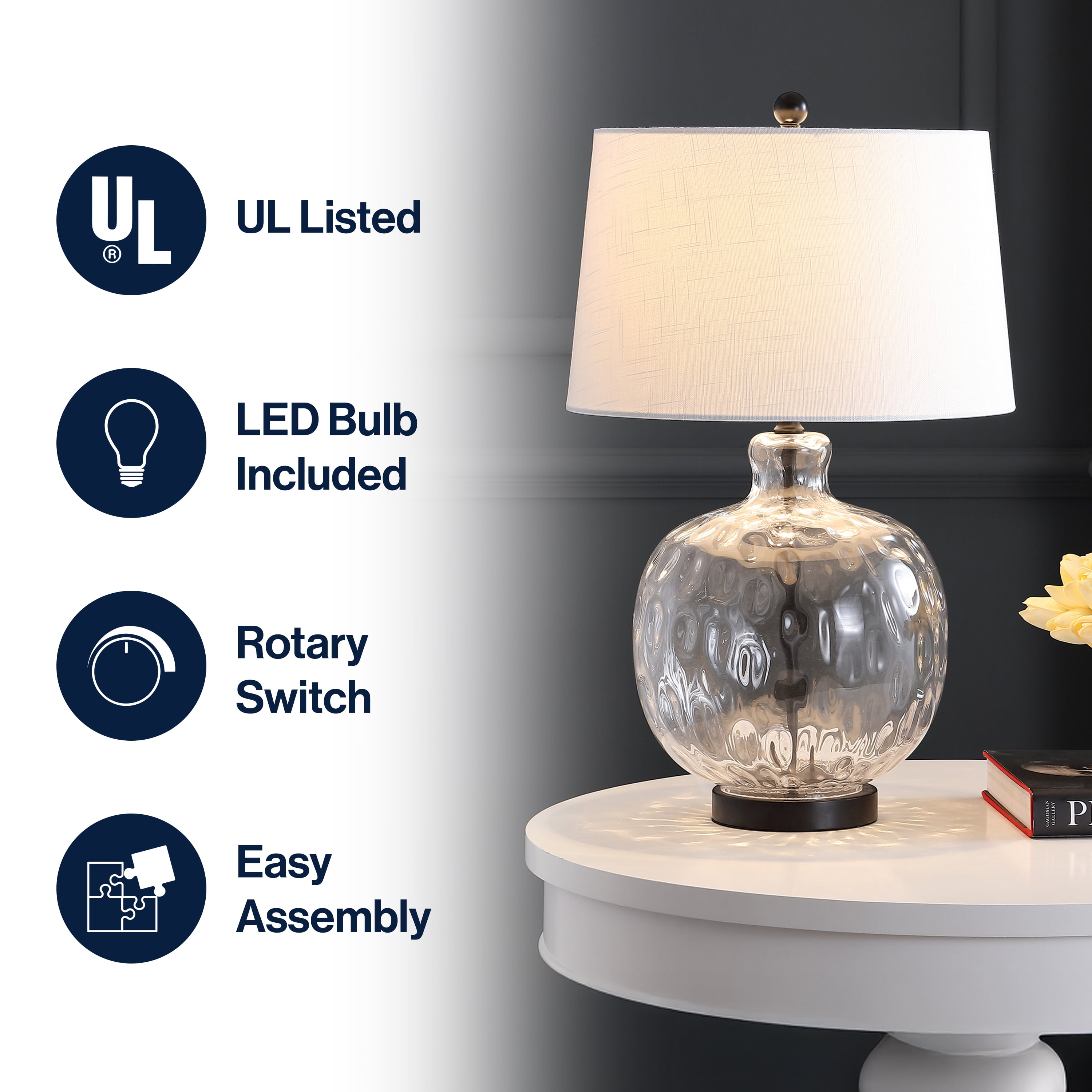 JONATHAN Y Rae Glass and Metal LED Table Lamp (Clear and Black, 26.5 in) p70r3