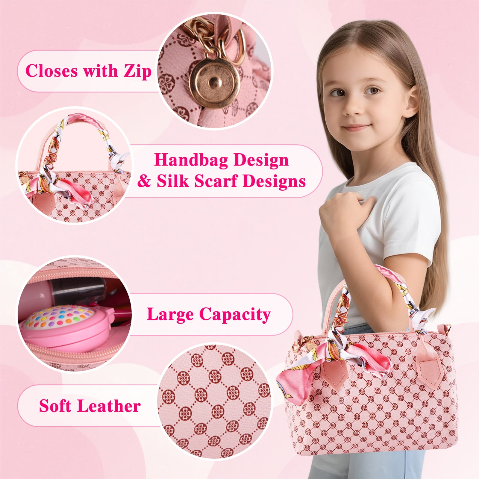 TiokMc Pretend Play Purse Set for Girls, 38-Piece Toddler Handbag with Makeup Toys and Accessories (Pink, 1.01 lb) 0741z