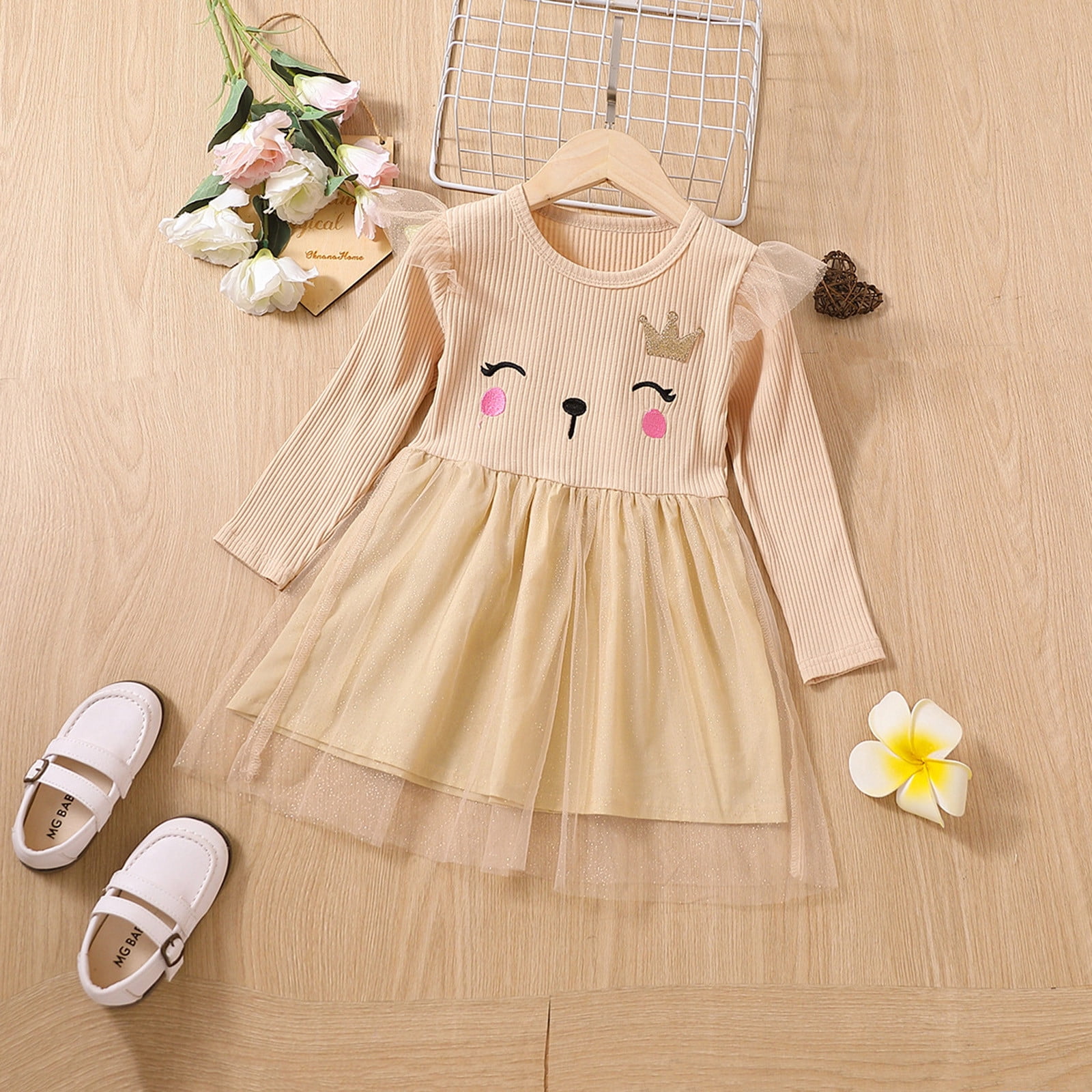 RTKFRFLM Toddler Girls Long Sleeve Dress Cartoon Cat Print Ribbed Casual Princess Dress (Beige, 3-4 Years) ycsqb