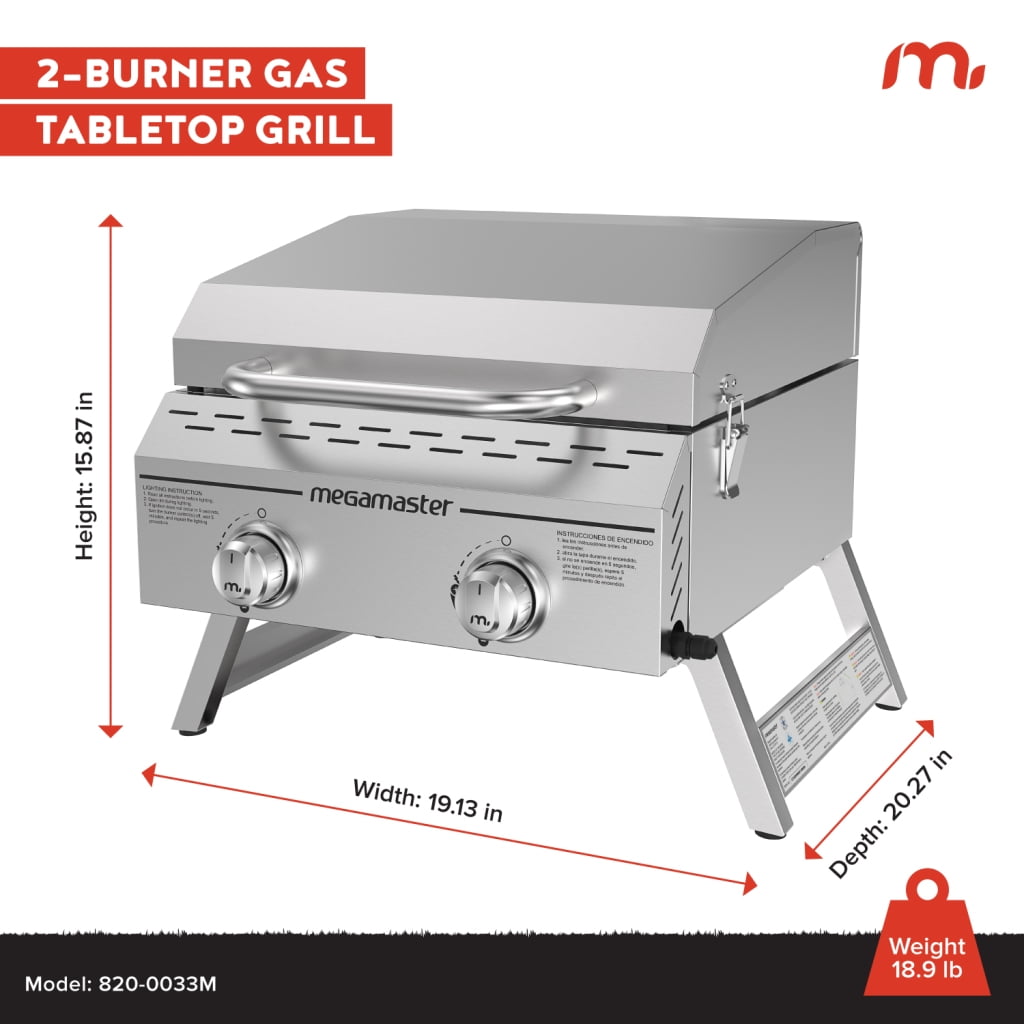 Megamaster 2-Burner Stainless Steel Portable Gas Grill, Tabletop Propane Grill for Camping and Outdoor Cooking (Silver, 199 sq in) 3shmc