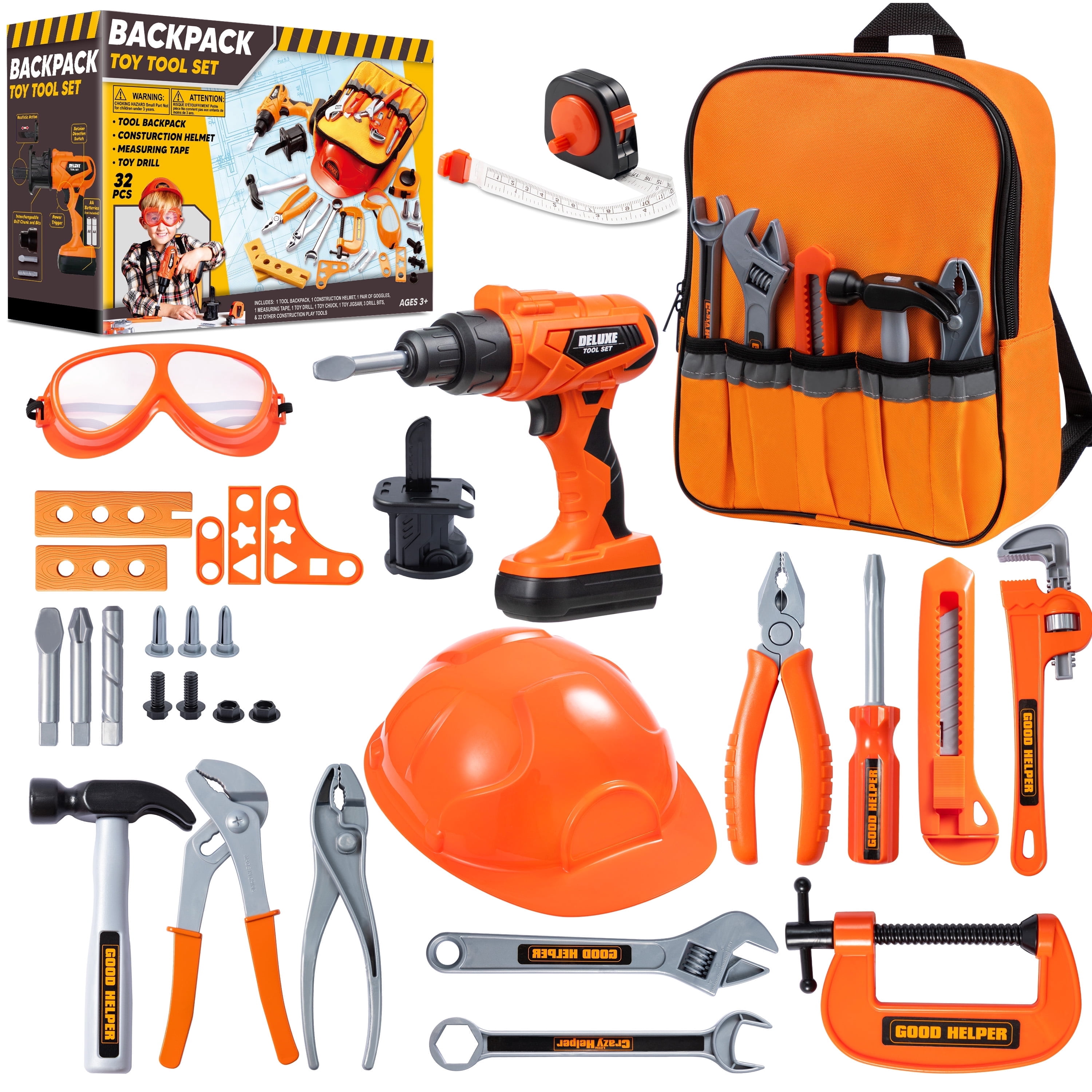 Joyfy 32-Piece Construction Tool Pretend Play Set with Electronic Toy Drill and Backpack (Orange, 32 Pieces) ta8me