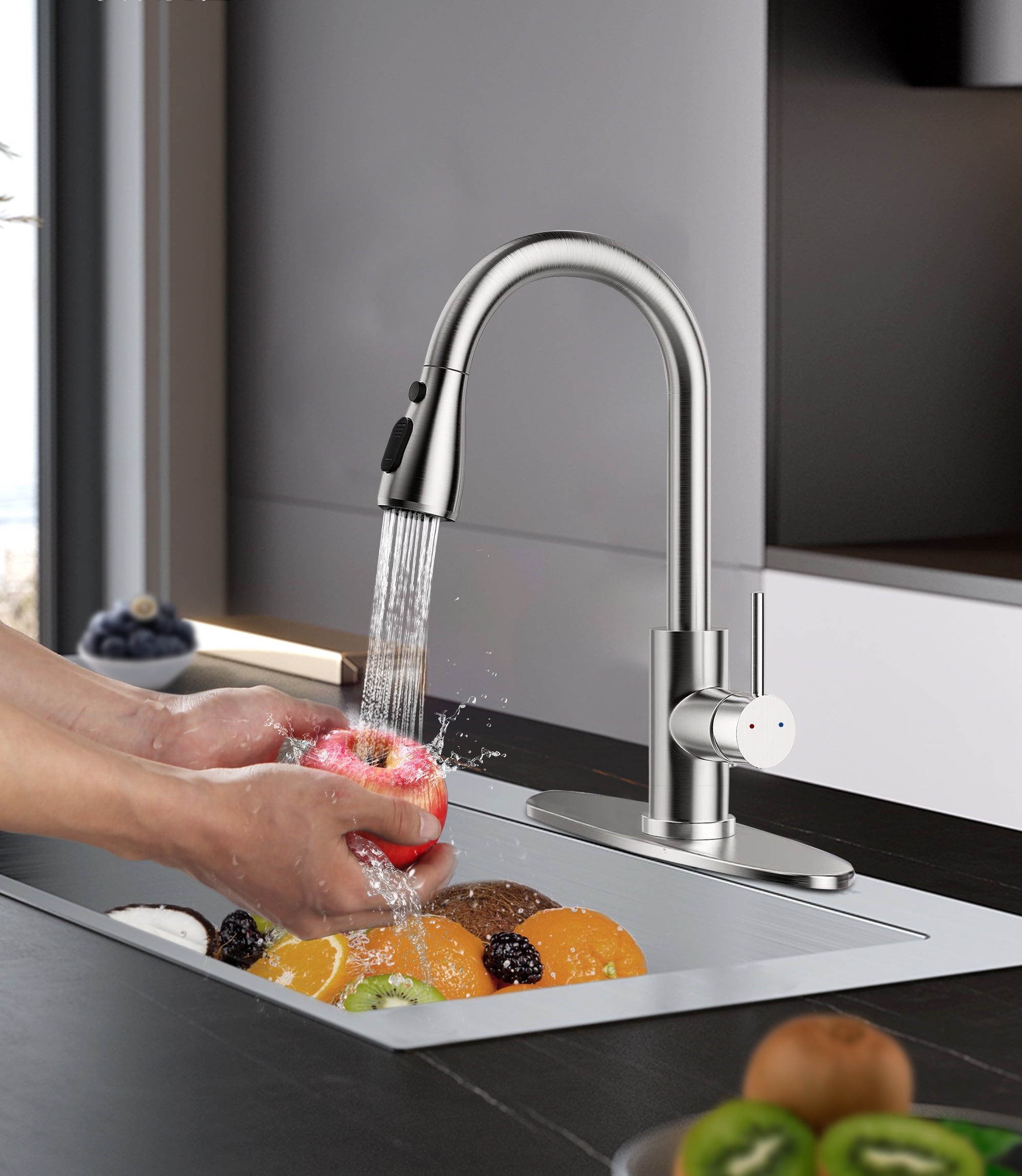 HODVIT Kitchen Faucet with Pull Down Sprayer, High Arc Stainless Steel Sink Faucet (Silver, 16 in) l9jcz