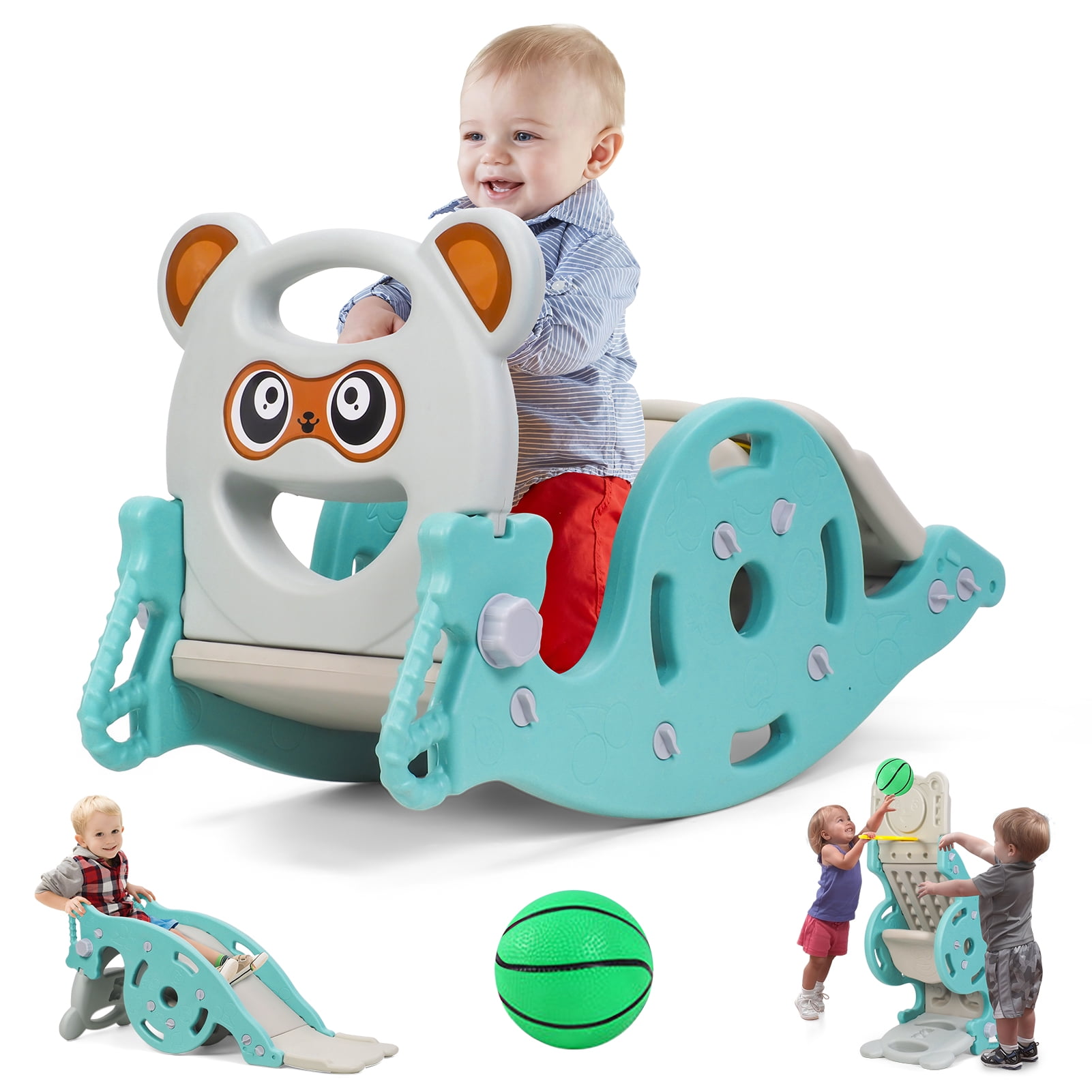 Anvazise 4-in-1 Kids Activity Center, Convertible Rocking Horse and Slide with Basketball Hoop (Green) oetqu