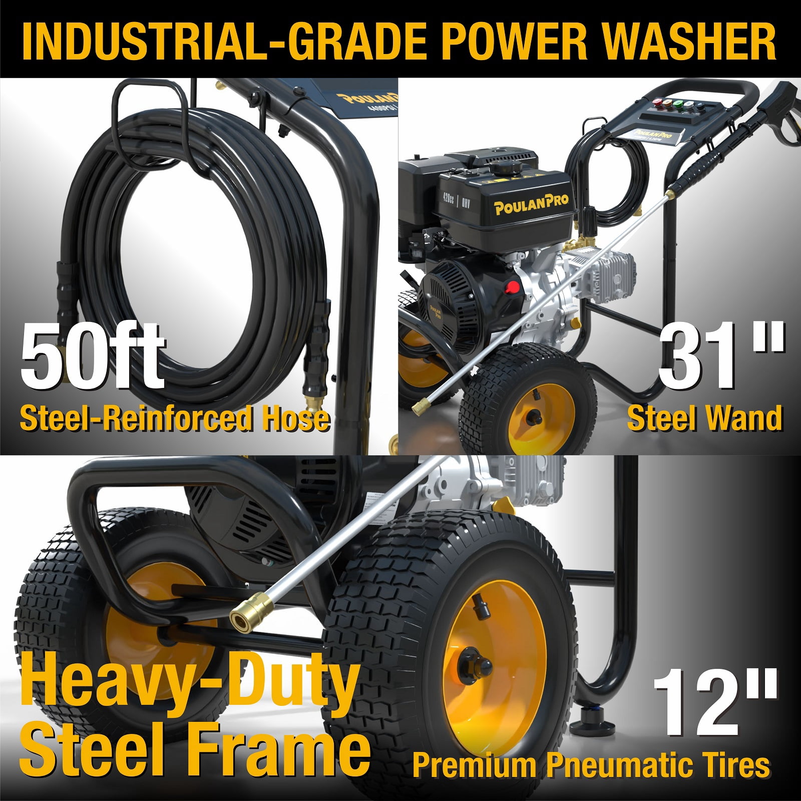 Poulan Pro Gas Pressure Washer (4400 PSI, 4.2 GPM, 420cc Engine, 50 ft Hose, 12 in Wheels) voi2l