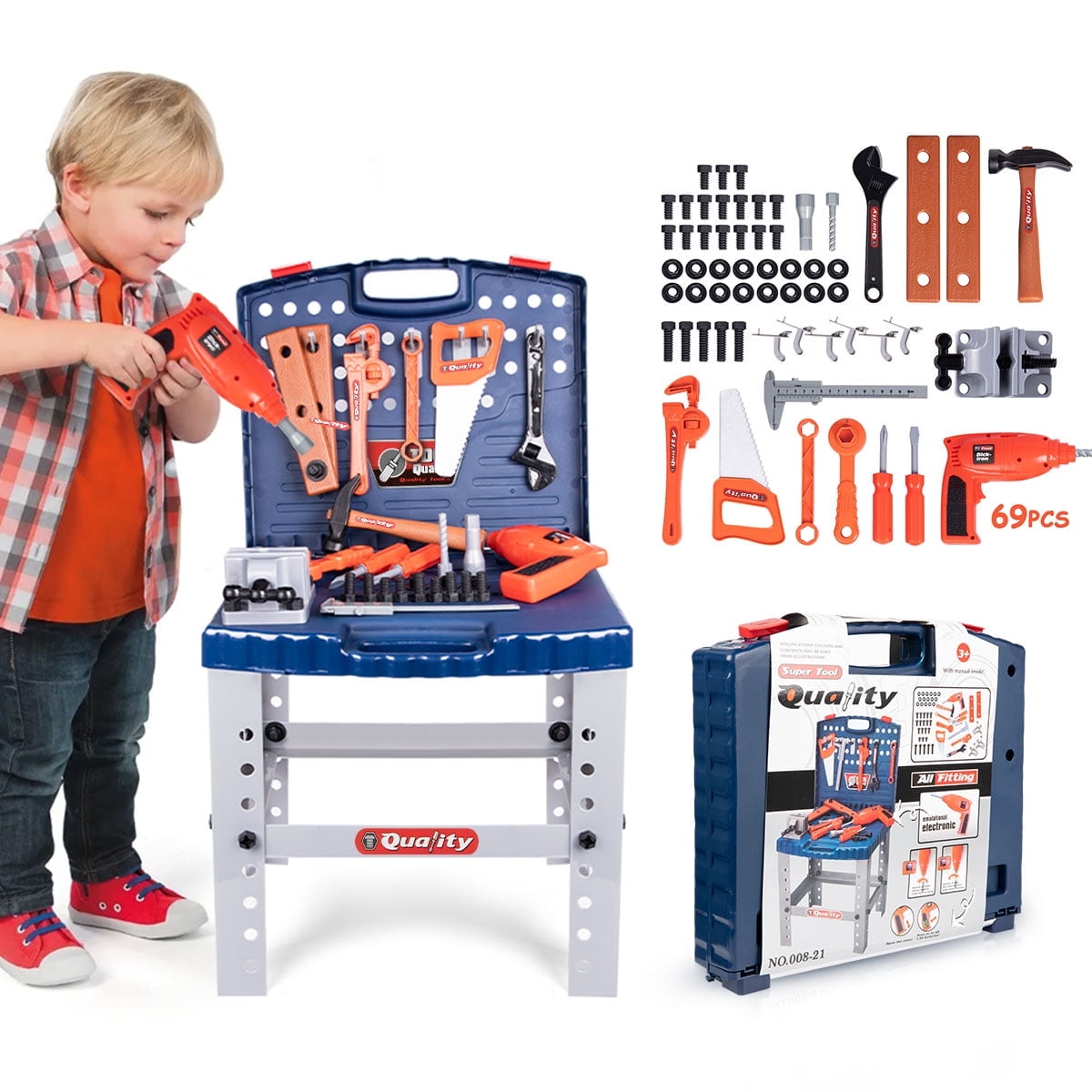 DAKOMM Kids Tool Bench Set with Electric Drill and Realistic Construction Accessories (Grey, 1 Set) 97cxl