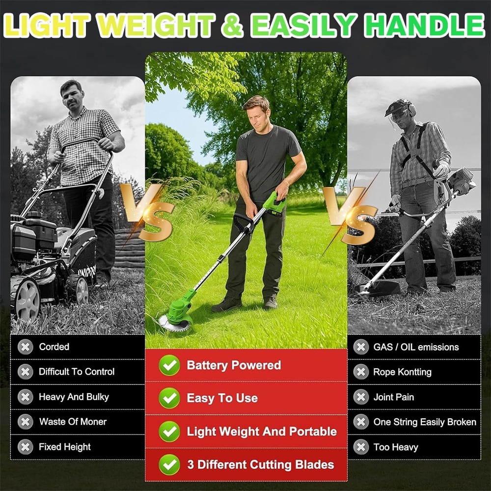 MDHAND 21V Cordless Electric Grass Trimmer, Lightweight Weed Eater with 3 Blades, Adjustable Shaft (Green, 3.28 lb) 0gmie