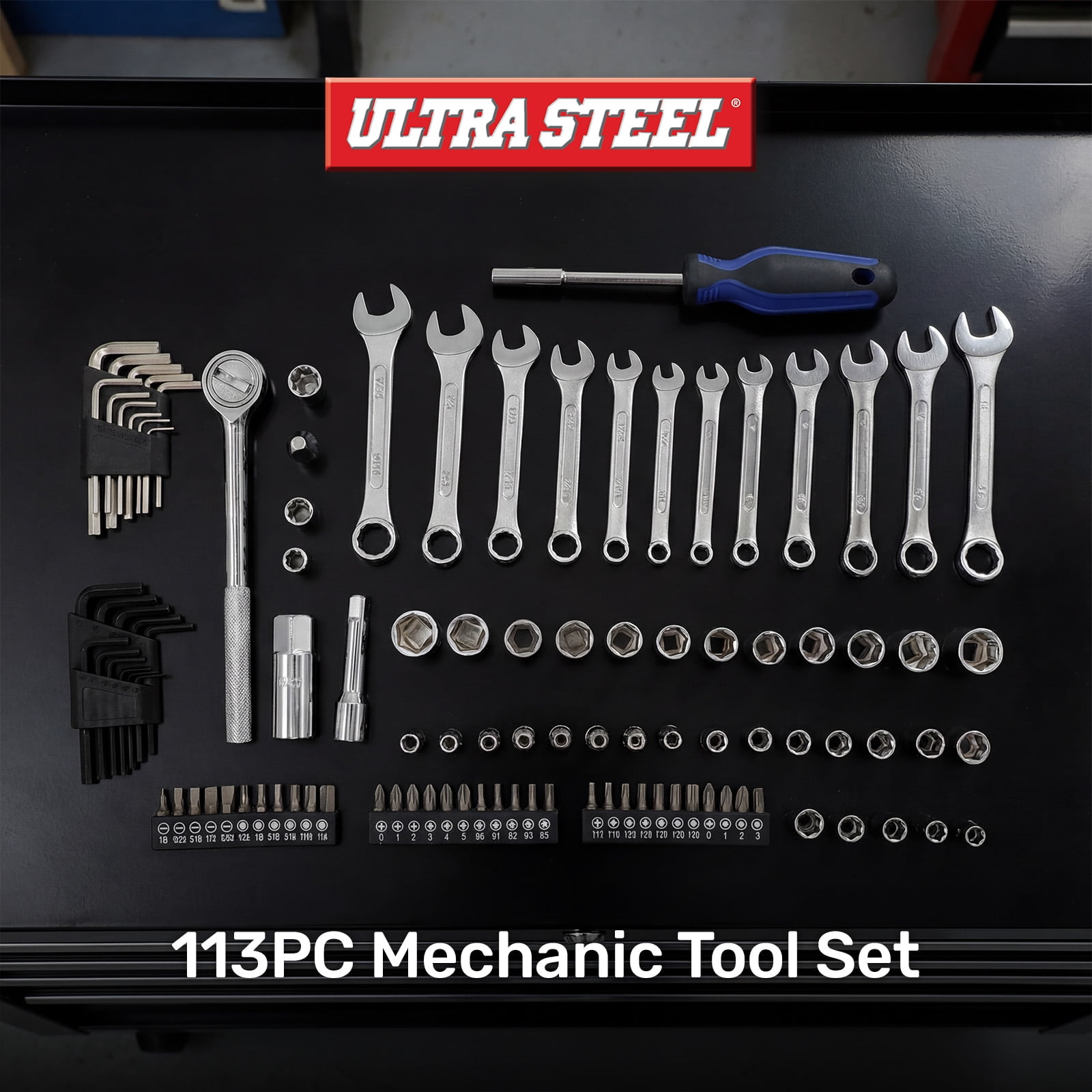 Ultra Steel 113-Piece Professional Mechanic Tool Set with Ratchet, Sockets, and Bits (113-Piece Set) c8i94