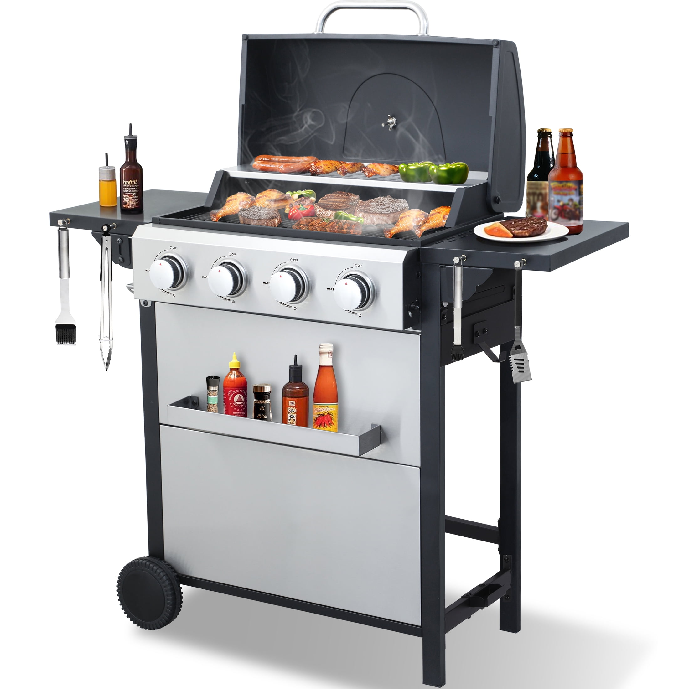 Nice Coker 4-Burner Propane Gas Grill, Outdoor BBQ Station with Stainless Steel Control Panel and Temperature Gauge (34,200 BTU) axy6y