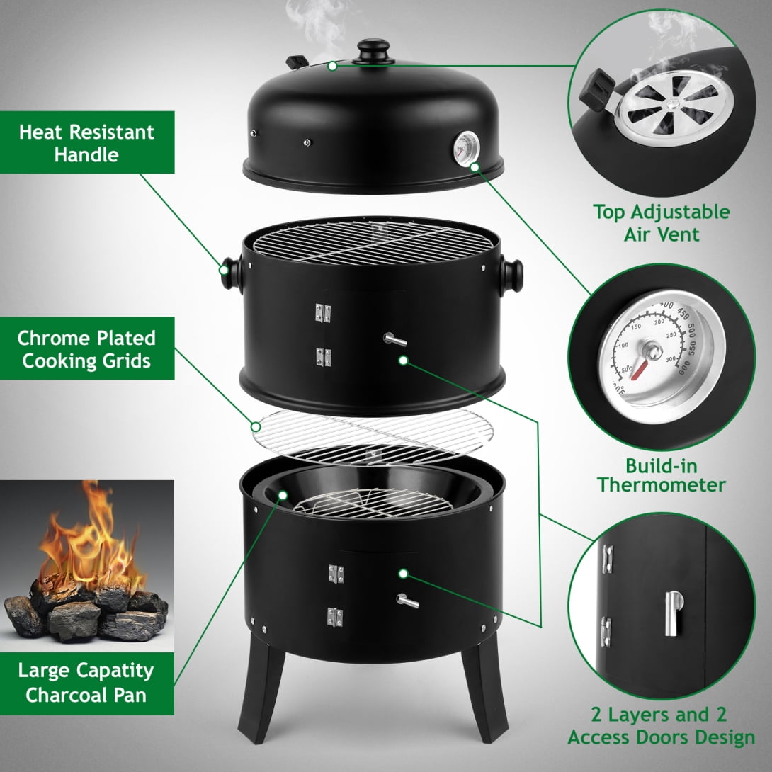 JAMPOOCA 31 in Steel Charcoal Smoker, Heavy Duty Round BBQ Grill with Adjustable Vent System (Black, 31 in) j7yyx - Image 3