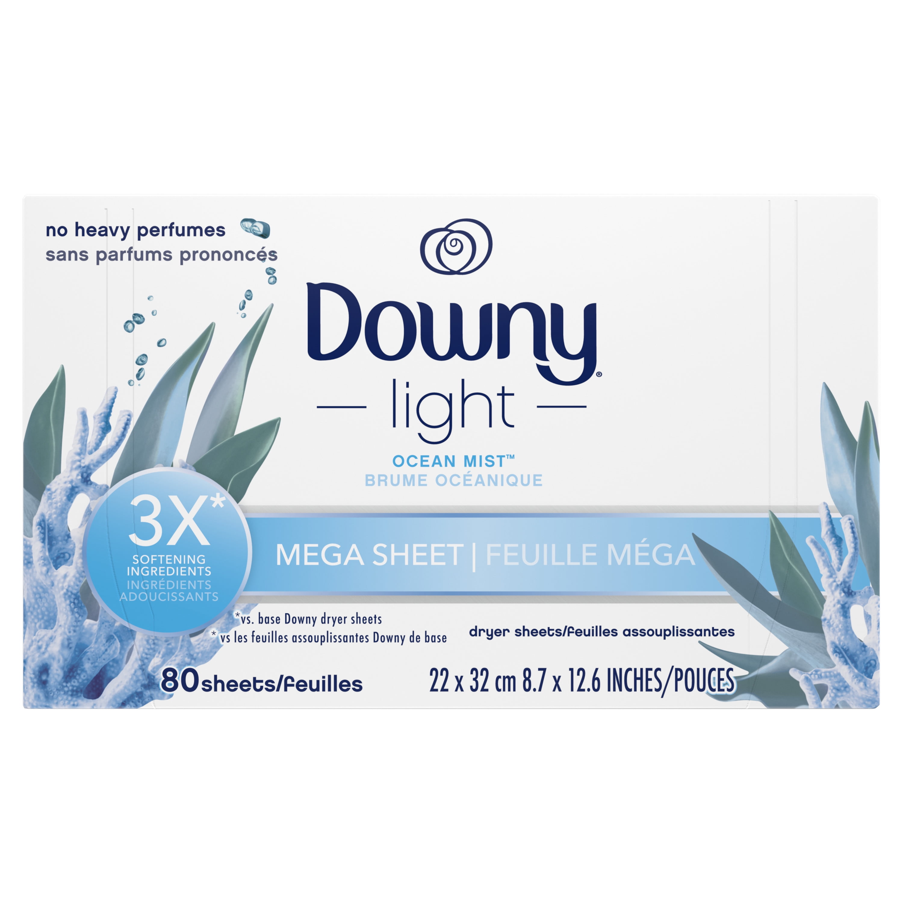 Downy Light Mega Dryer Sheets, Ocean Mist, Fabric Softener with Anti-Static and Wrinkle Reduction (80 Count) 08u33