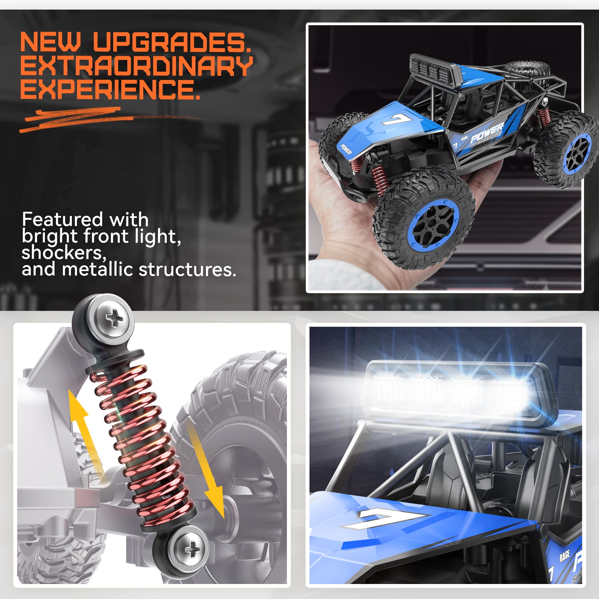 YCFUN Remote Control Monster Truck, All-Terrain RC Car with LED Lights (Blue, 1:20 Scale) jax7p