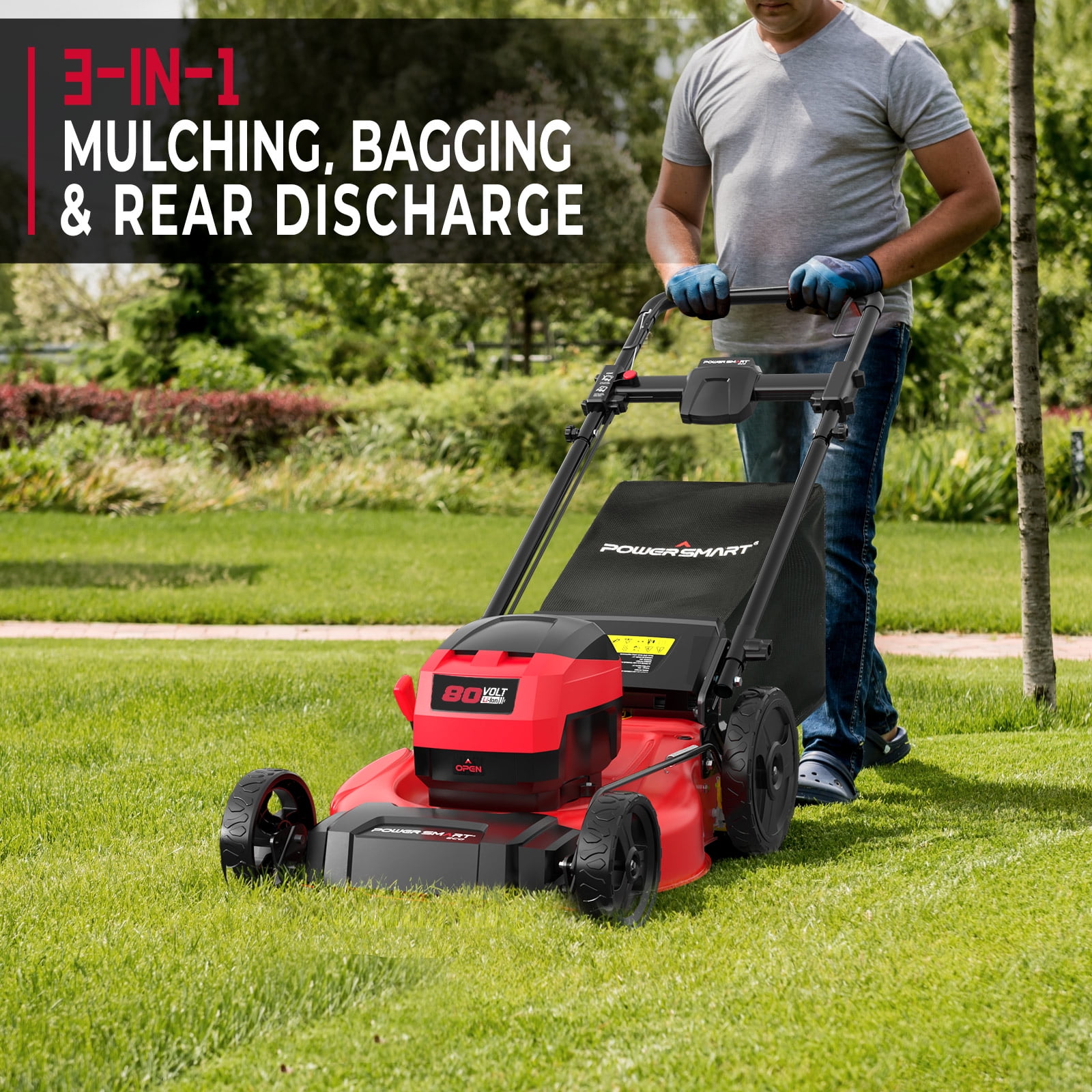 PowerSmart 80V MAX 21 in Cordless Lawn Mower, 3-in-1 Brushless Electric Mower with 6.0Ah Battery and Charger (Red, 21 in) 1jo7t