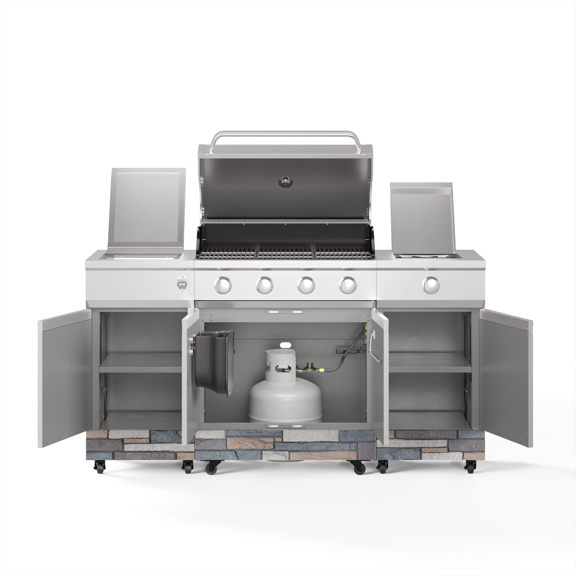 TYTUS Fresno 4-Burner Gas Grill Island Set with Cover, Griddle, Light, and Pizza Stone (Stainless Steel) q0xse