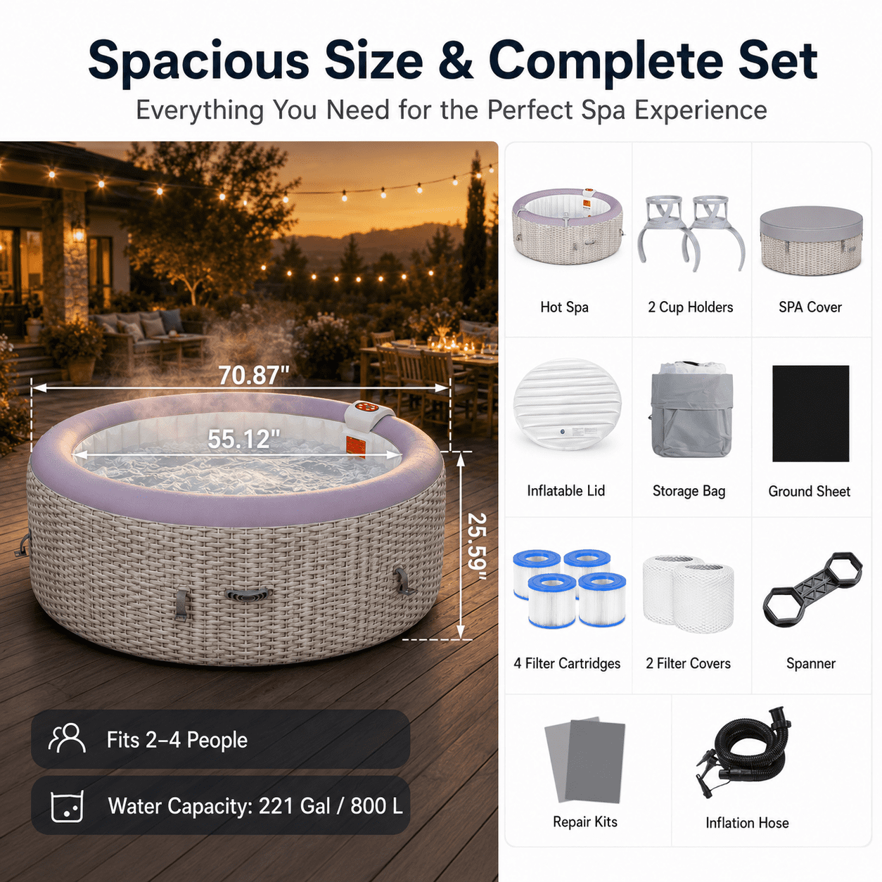 Segmart Inflatable Hot Tub Portable Outdoor Spa with 110 Bubble Jets and Heating System (2-4 Person, 221 gal) 8bsrw
