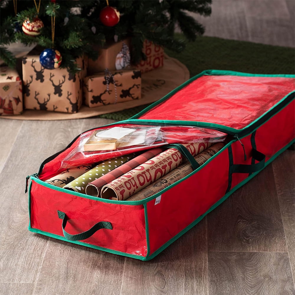 AYktou Wrapping Paper Organizer Storage, Tear-Resistant Fabric Gift Wrap Holder with Inner Pockets (Red, 41x14x6 in) 1o5dv