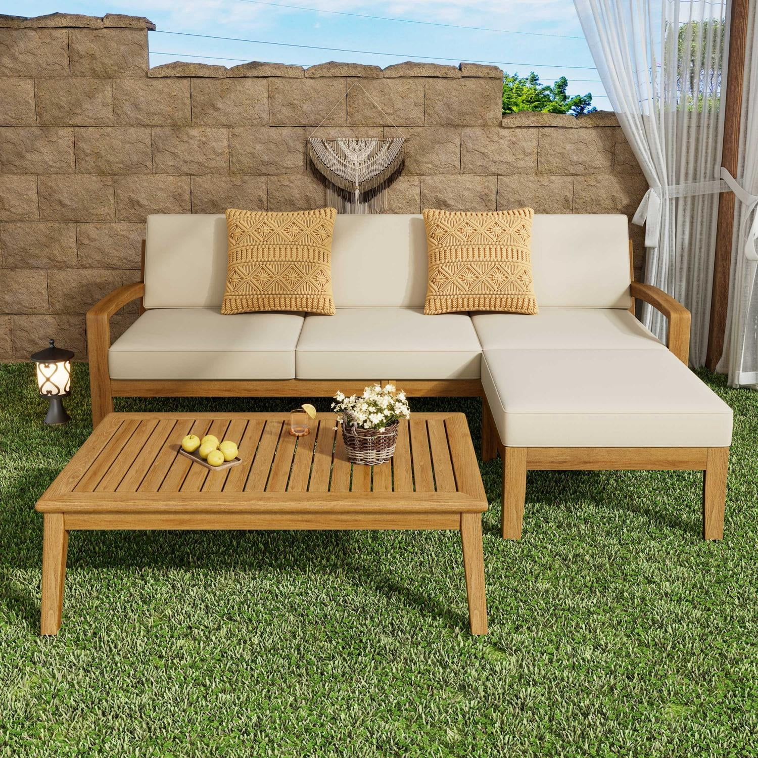 GARITIN L-Shape Outdoor Acacia Wood Sectional Patio Sofa Set with Ottoman and Coffee Table (Beige, 3-Piece) 8f8fs