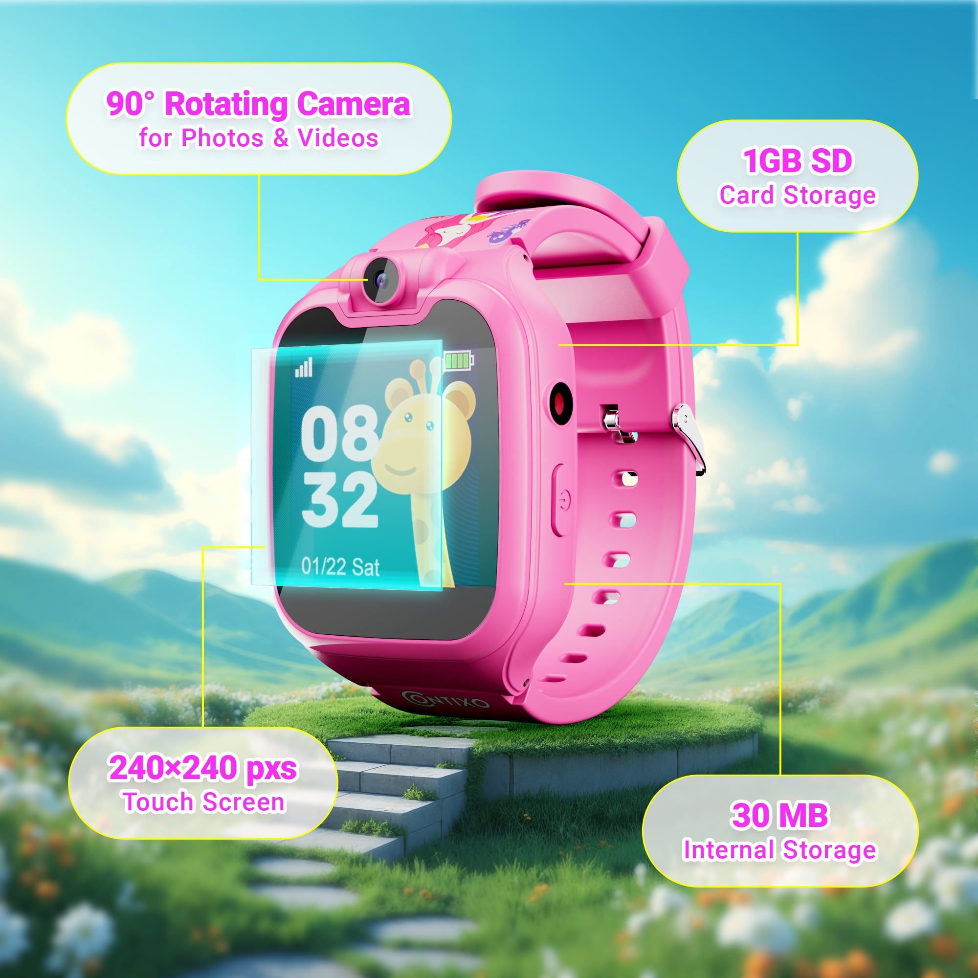 Contixo Kids Smart Watch with 1.54 in HD Touch Screen, Educational Learning Games and Rotating Camera (Pink) ubkxj