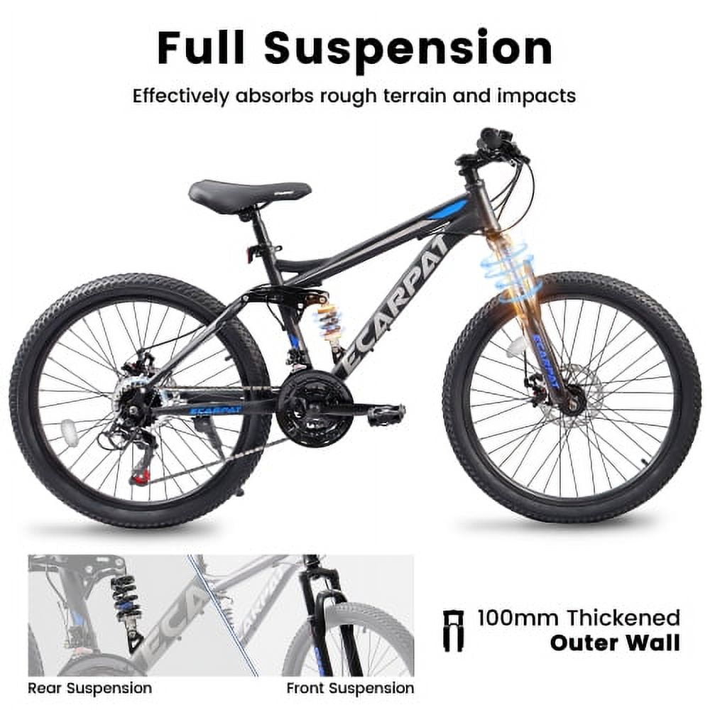 POVANLI 27 in Mountain Bike, Dual Full Suspension Trail Bicycle with 21-Speed Shimano Drivetrain and Dual Disc Brakes (Blue, 27 in) 1l7f5