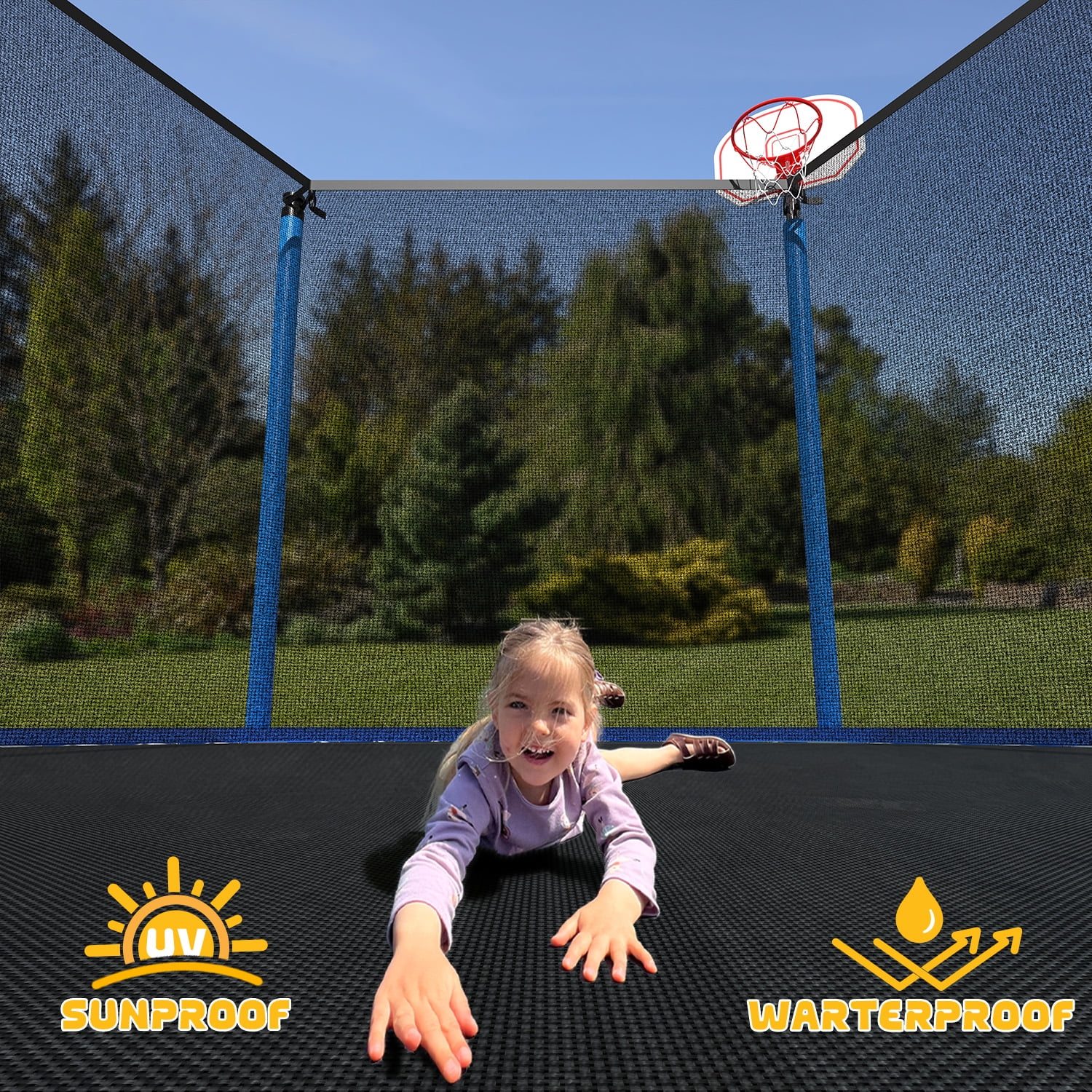 Mersco 10 ft Heavy Duty Outdoor Trampoline with Enclosure Net, Slide, and Basketball Hoop (Blue, 10 ft) 7vhxm