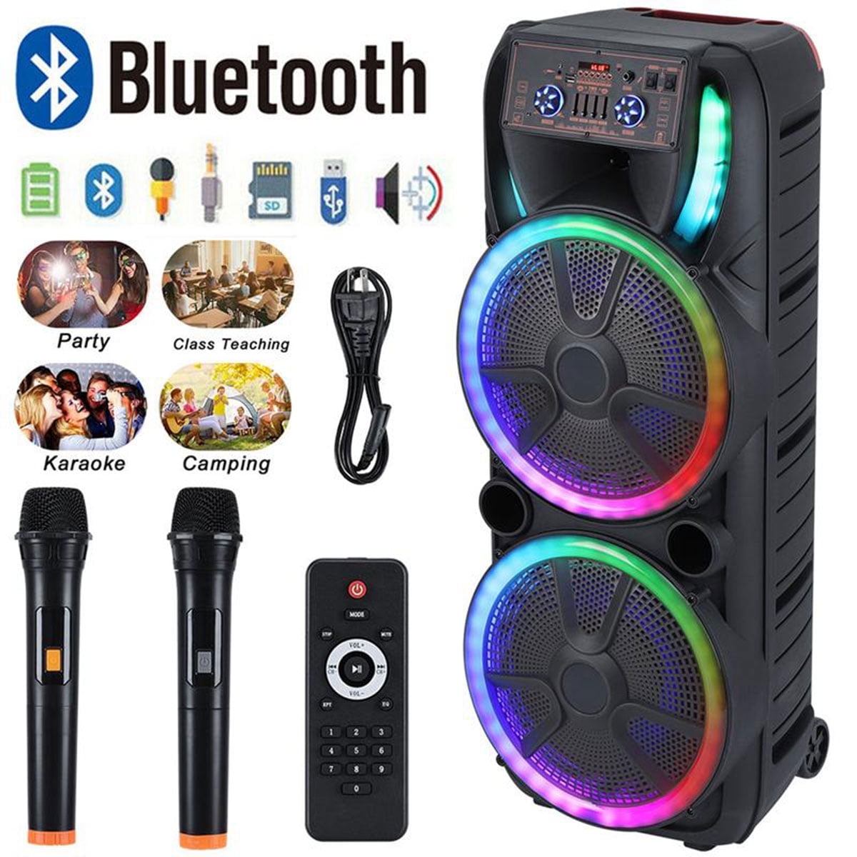 Lohoms Dual 15 in Karaoke Speaker System with 2 Wireless Microphones, Portable Bluetooth Party Box with LED Lighting (Black, 15 in) 3blbz