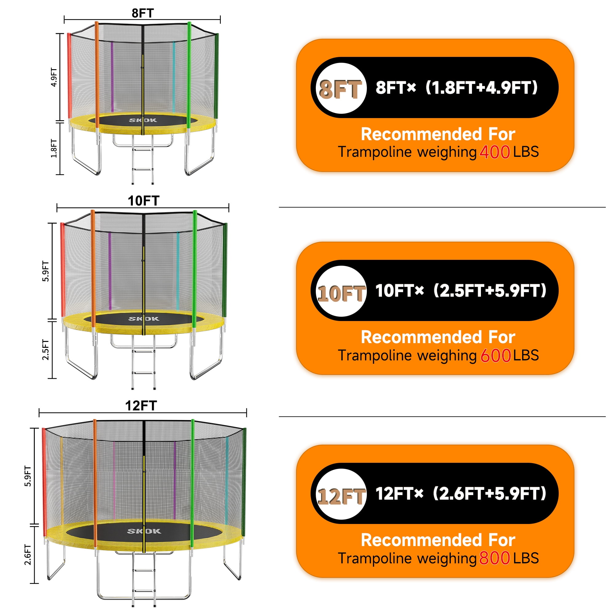 SKOK 8ft Backyard Trampoline with Safety Enclosure Net and Ladder (Colorful, 400 lb Capacity) bmf70