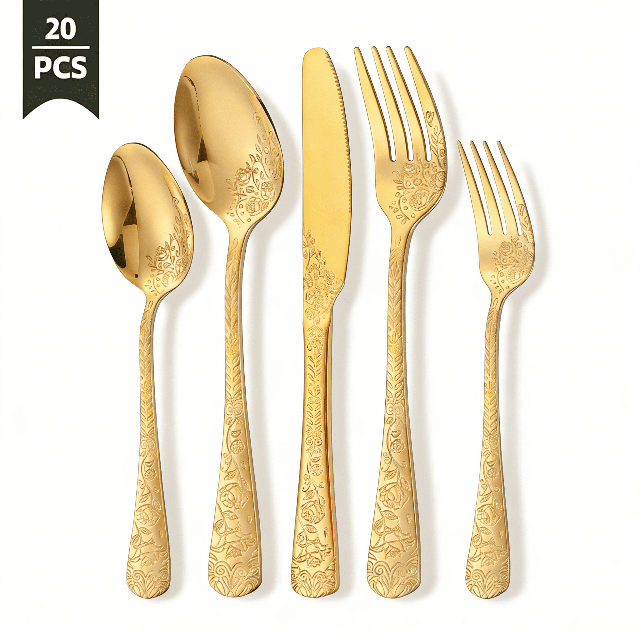 Jetcloudlive 20-Piece Floral Stainless Steel Flatware Set, Vintage Mirror Polished Cutlery for 4 (Gold, 20-Piece) 7d3kh