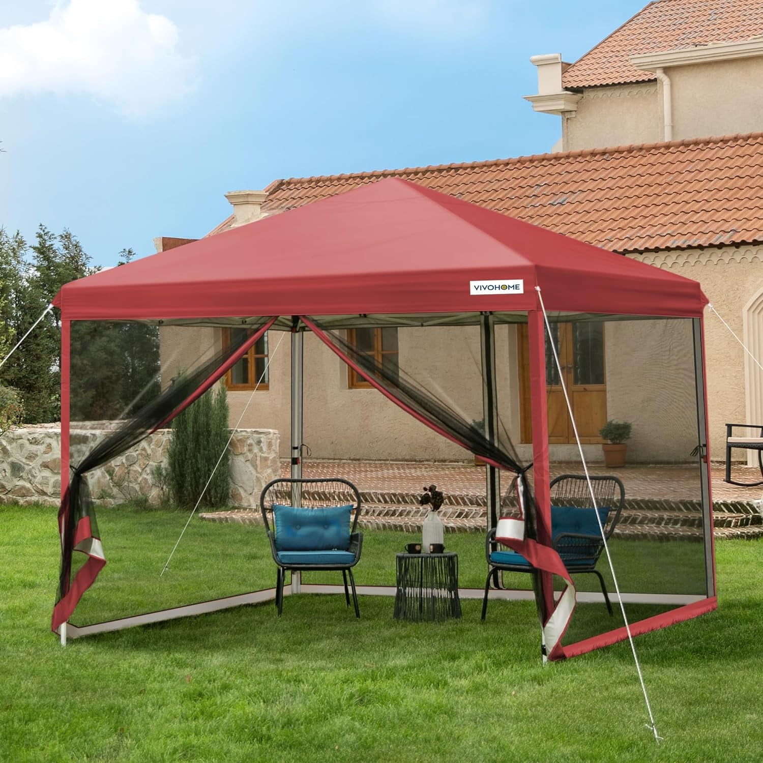 SPECSTAR 8 ft x 8 ft Easy Pop-Up Canopy Tent with Mesh Netting (Red, 8 ft x 8 ft) ui9ay
