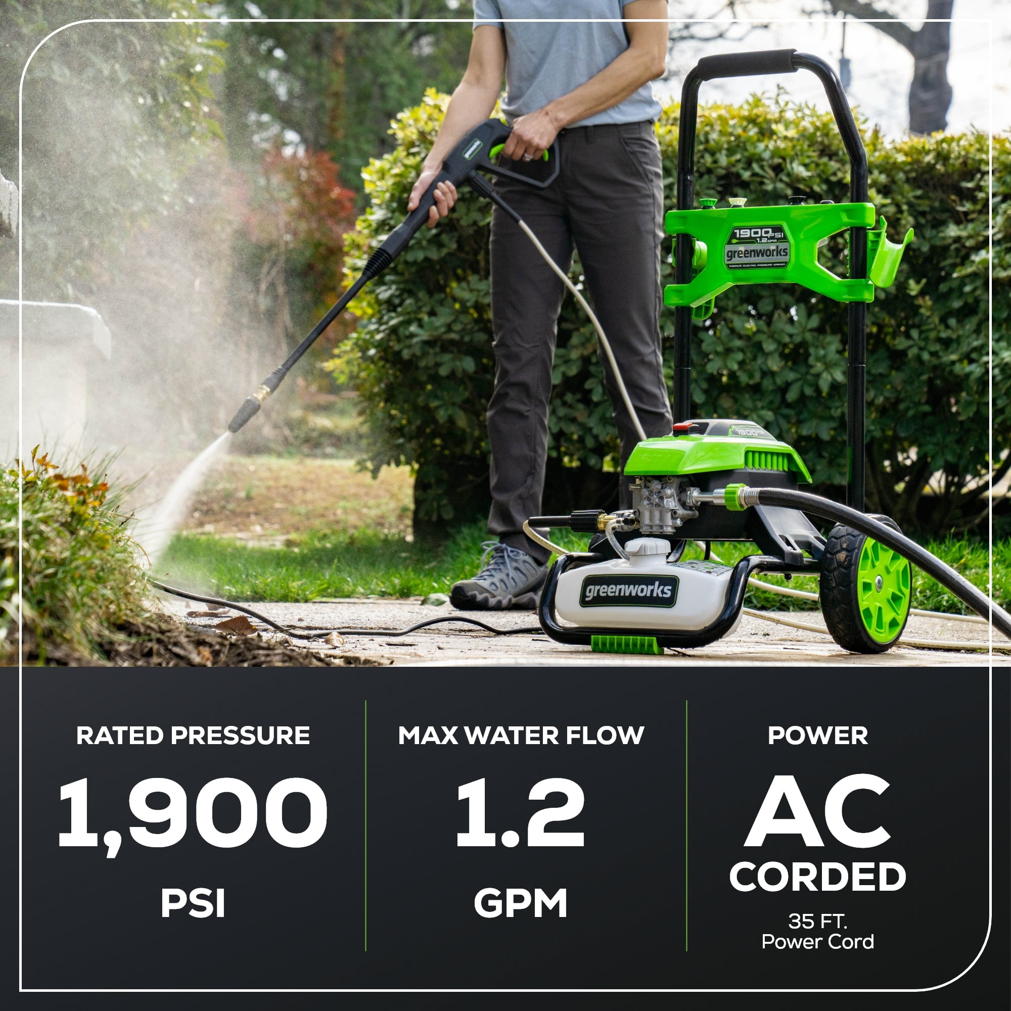 Greenworks 1900 PSI Electric Pressure Washer with 1.2 GPM Flow Rate and 4 Quick-Connect Nozzles (13 Amp) 518ae