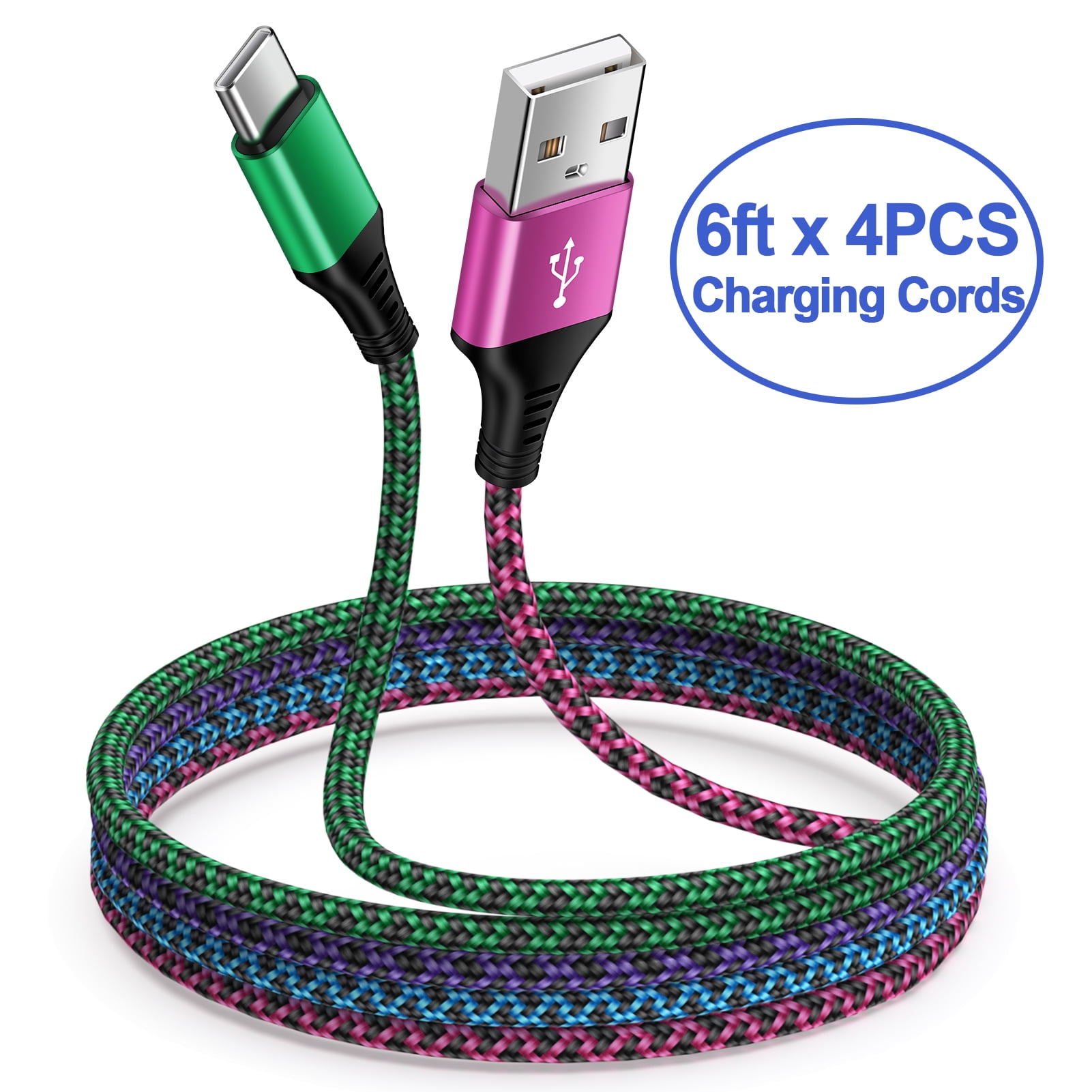 Ailkin USB C to USB A Fast Charging Cable (Multicolor, 6 ft, 4-Pack) xi9tl